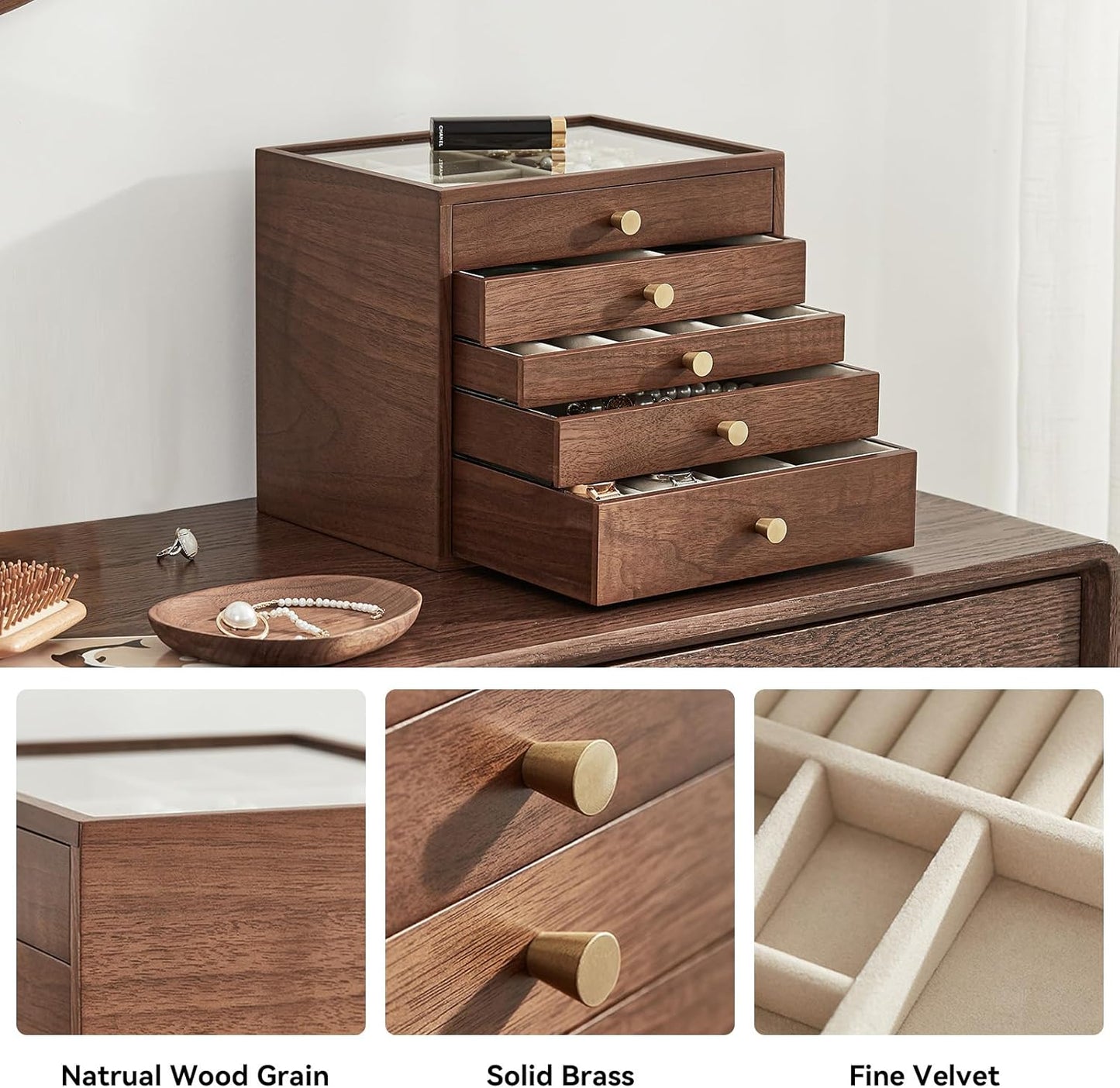 Black Walnut Wooden Jewelry Box Women large 5 Layer Drawer Wood Organizer Box with Glass Lid for Necklaces, Watch, Necklace, Ring, Earring Storage - Christmas Gifts