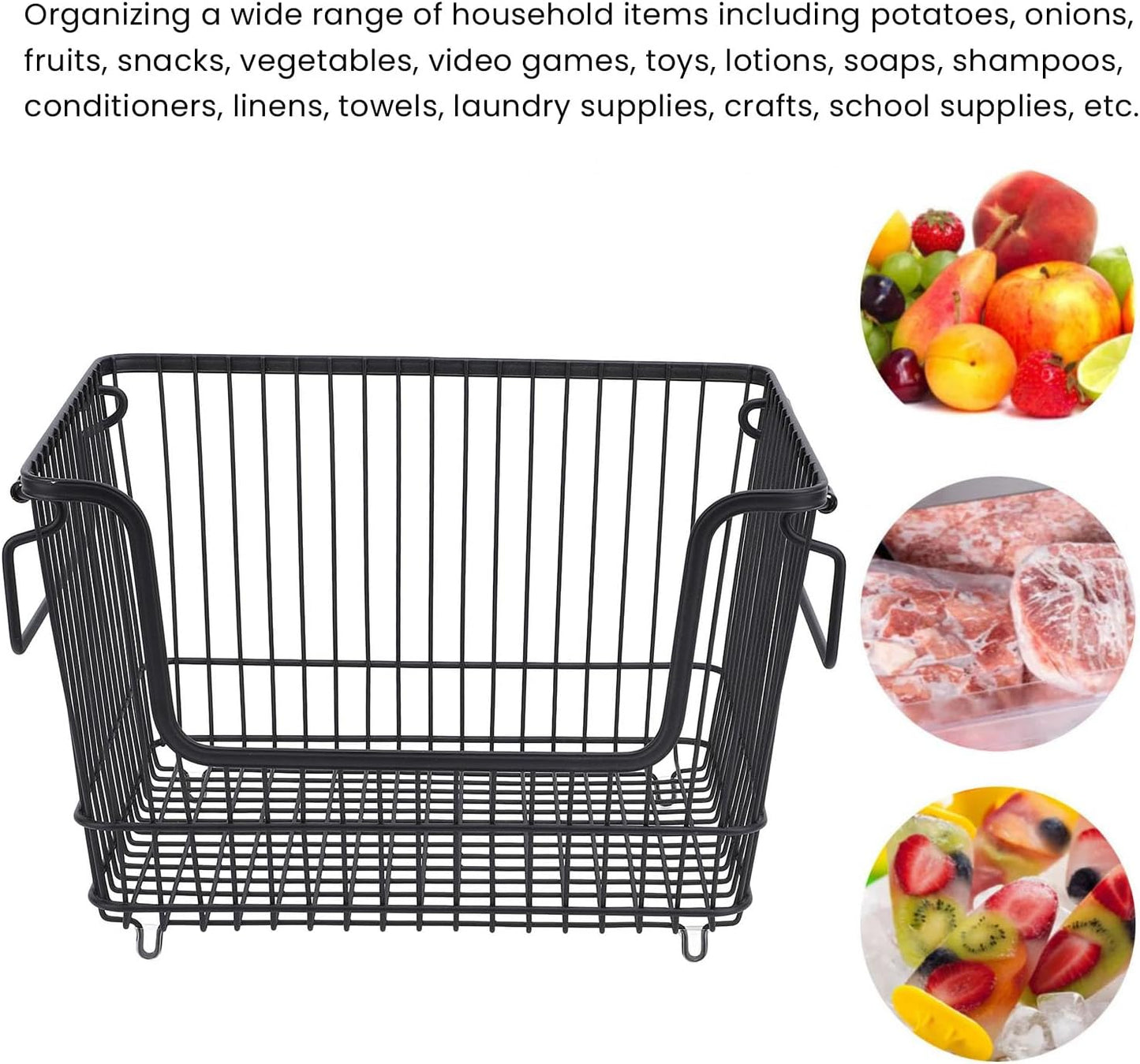 Freezer Organizer Bin, Stackable Wire Basket for Freezer, Heavy Duty Metal Storage Basket with Easy Access Front Opening, for Fruits Meat Vegetables in Kitchen Home Use, Bl