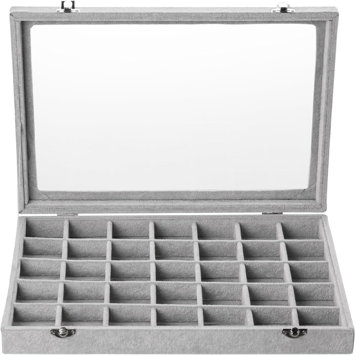 Frebeauty Velvet Jewelry Tray,35 Grid Jewelry Organizer with Clear Lid,Earring Holder Organizer Case with Clasp,Drawer Insert for Rings Studs,13.8 x 9.5 x 2 Inches,Gift for Women Girls(Grey)