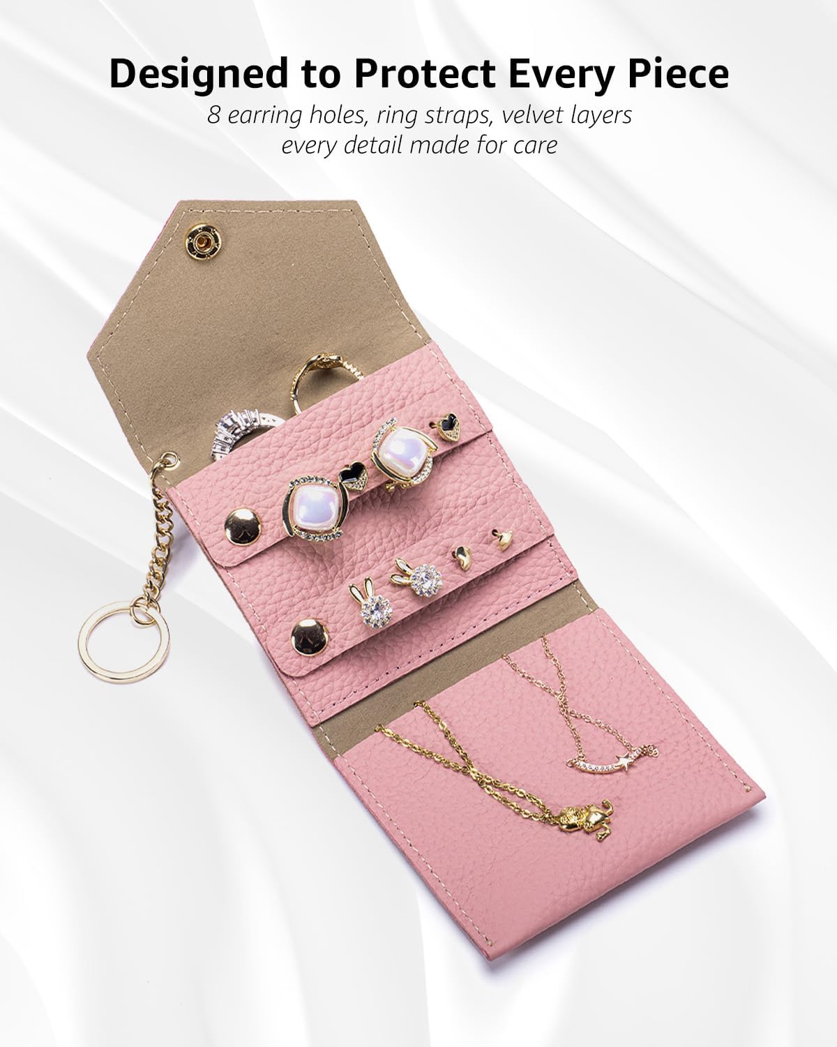 Small Travel Jewelry Organizer Case for Women, Genuine Leather Mini Jewelry Roll with Keychain, Portable Earring Ring Necklace Storage Pouch for Short Trips & Daily Use