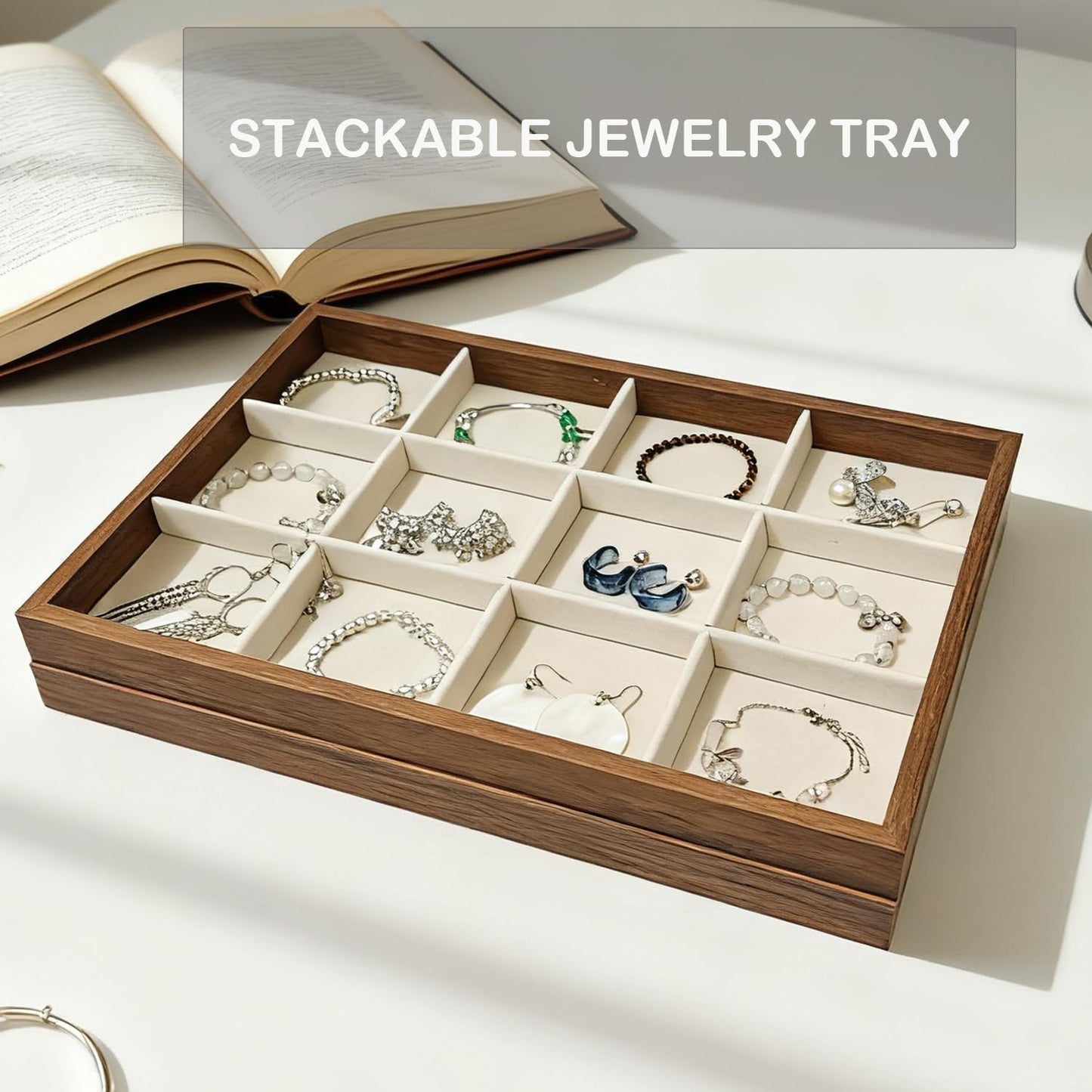 Large Jewelry Trays for Drawers Stackable Velvet Jewelry Display for Vendors Jewelry Drawer Organizer Inserts for Rings Necklace Bracelets Earrings and Studs Earring (Beige, 12 Grid)