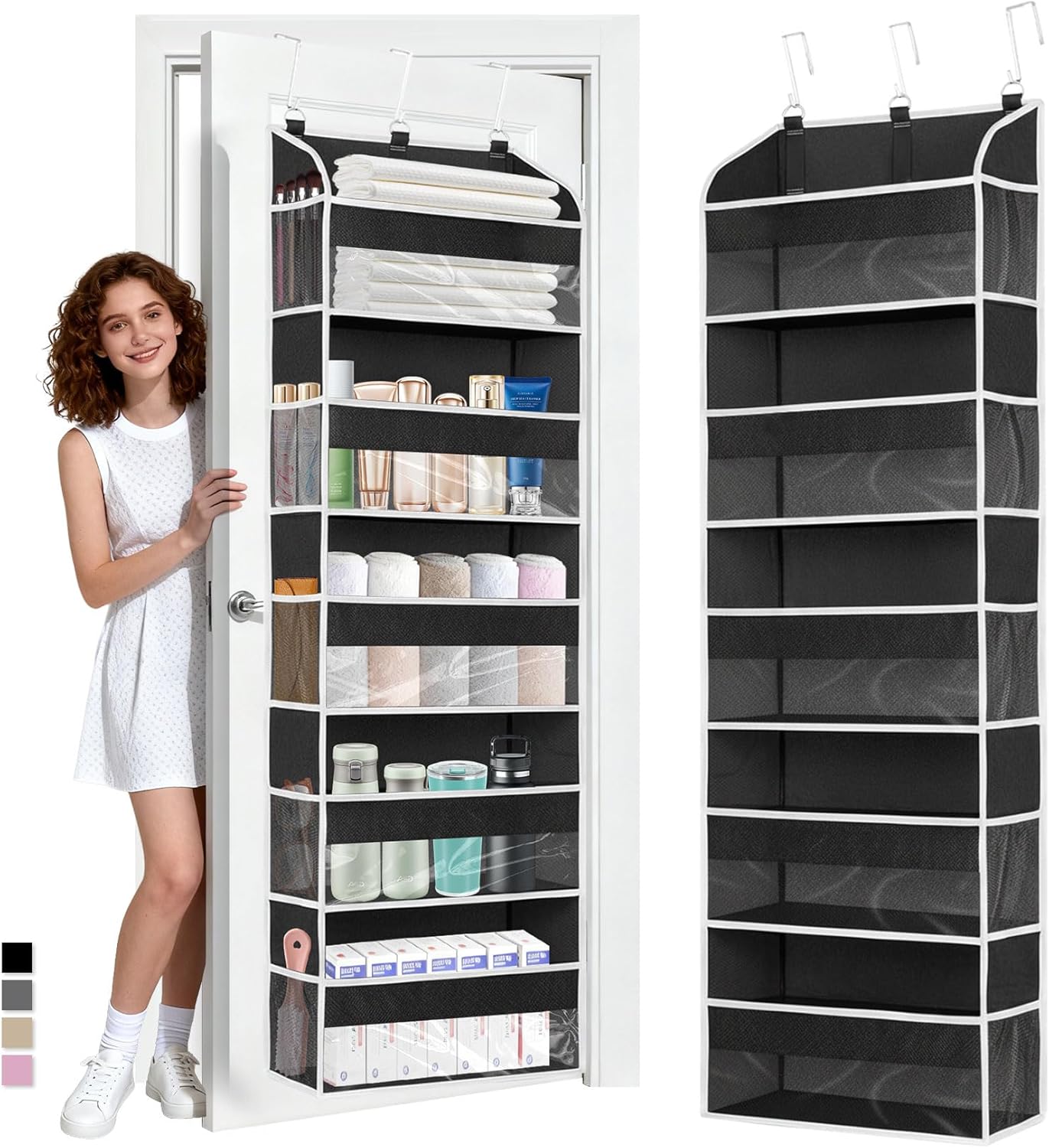 Over The Door Organizer-5 Layers Large Pockets, Heavy Duty Door Organizer Hanging Storage, 10 Mesh Side Pockets & Clear Window for Bedroom, Bathroom,Kitchen,Nursery, Pantry,Dorm Holds Shoes(Black)