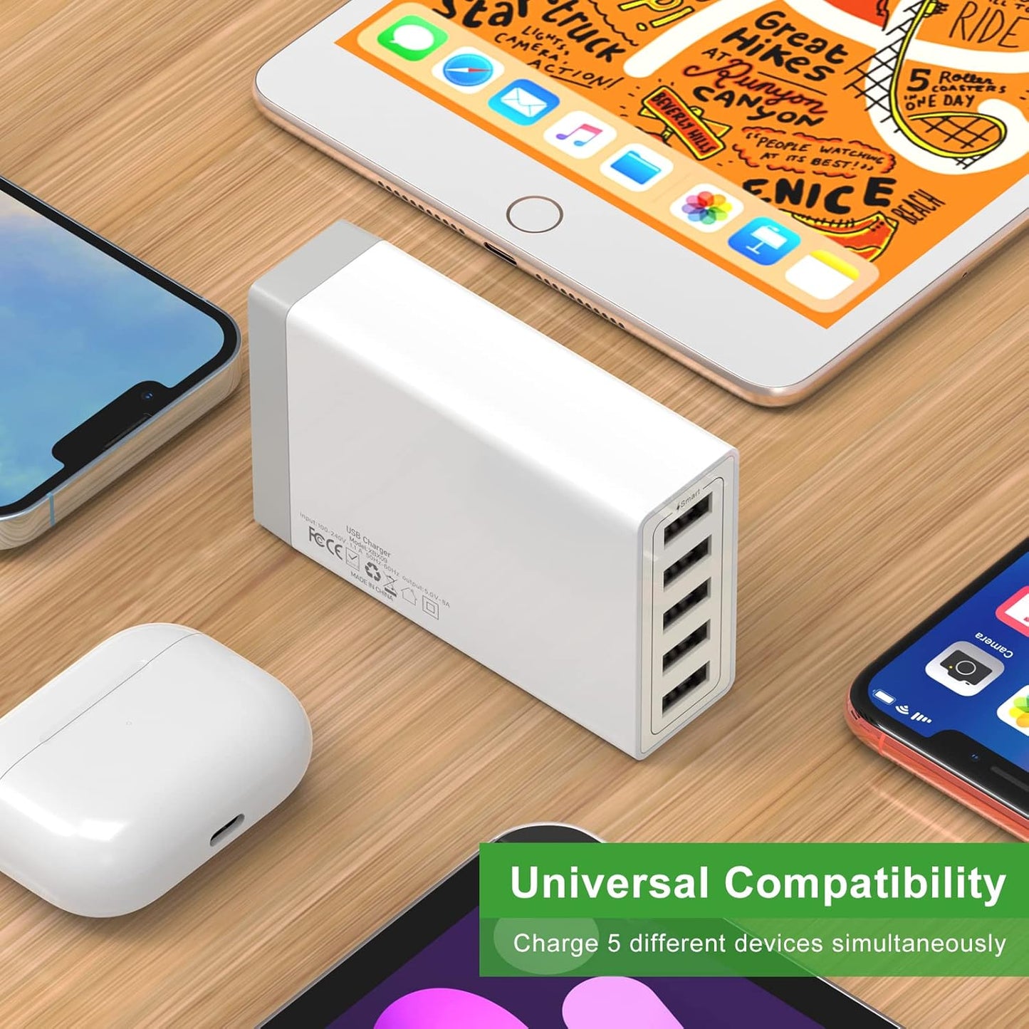 USB Wall Charger, Desktop USB Charging Station for Multiple Devices, 40W 8A, 5 Port,Travel Portable Charger for Cell Phone, Tablet