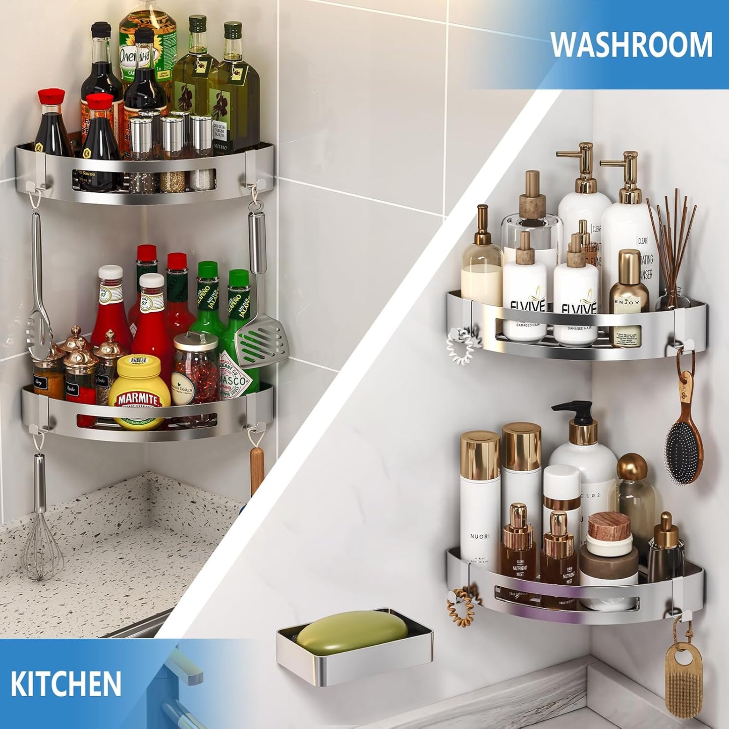 VINIUSIKI 3-Pack Polished 304 Stainless Steel Shower Caddy - Corner Shelves with Soap Holder & 4 Hooks, Adhesive Wall Mounted Organizer for Bathroom, Kitchen, Home Decor