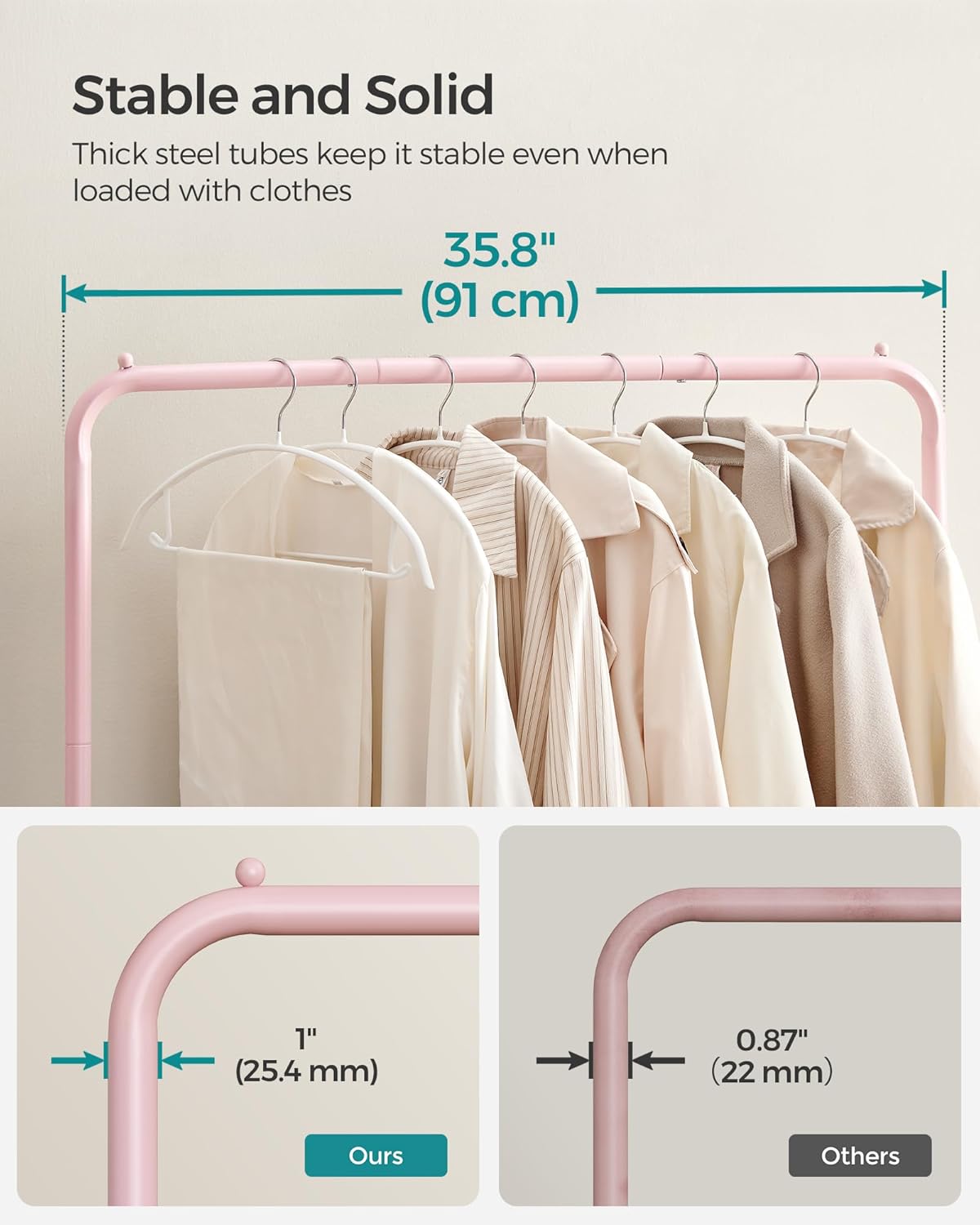 SONGMICS Clothes Rack with Wheels, Clothing Rack for Hanging Clothes, 25.4mm Metal Garment Rack with Dense Mesh Storage Shelf, 110 lb Load Capacity, 2 Brakes, Pink UHSR025P01
