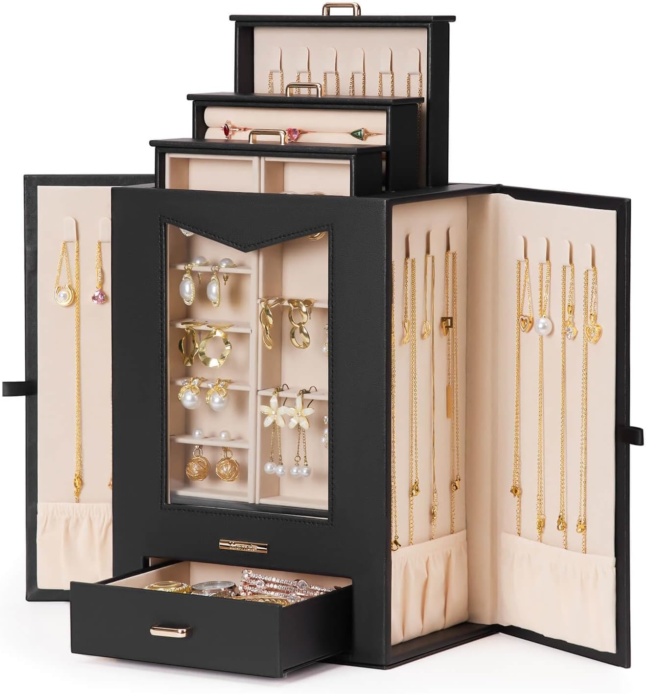 Homde Jewelry Organizer with Transparent Window Necklace Hooks Gift for Women Jewelry Box Display Case for Necklaces Rings Earrings Bracelets and Other Jewelry Accessories (Black + Gold)