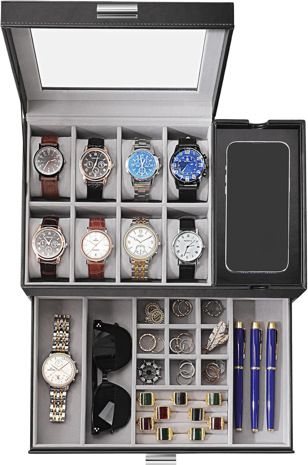 Dajasan Watch Box, Watch Case for Men, 8 Slot Watch Display Case with Glass Lid, Large Watch Holder Organizer, Sunglass Storage Organizer for Watch, Ring, Jewelry, Gift Idea, PU Leather (Black)