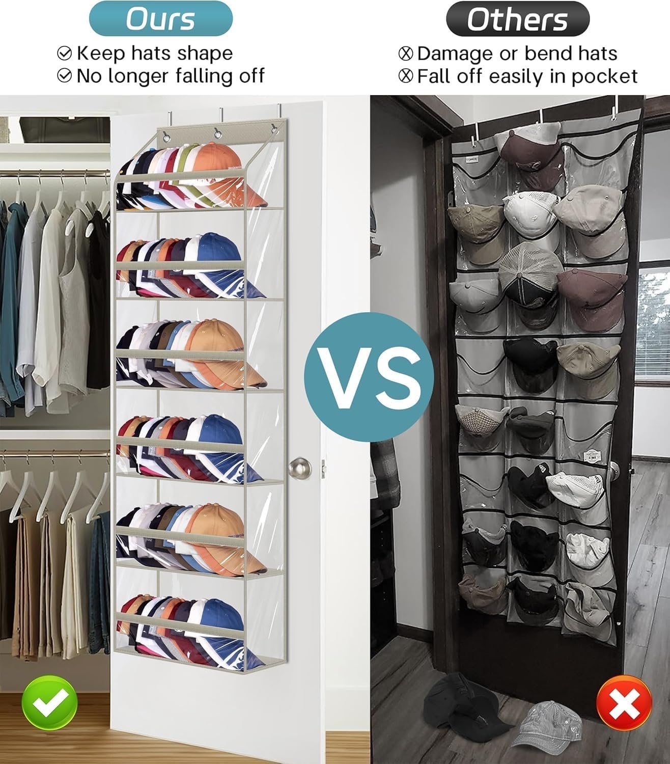 AOODA Clear Over the Door Hat Racks for Baseball Caps, Large Holds up to 72 Caps Hat Storage Organizer for Closet Wall, Deep Pockets Hanging Snapback Holder Shelves with 3 Hooks, Grey