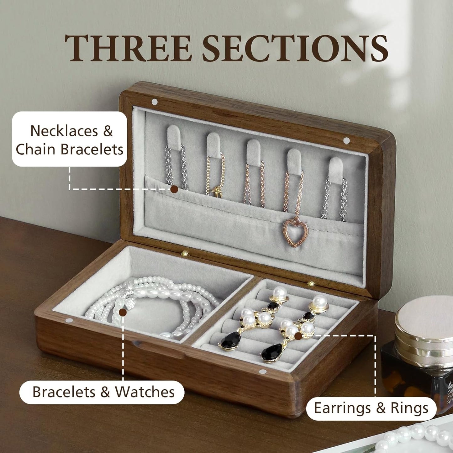 LadyRosian Wooden Small Jewelry Box - Mini Wood Travel Jewelry Case Portable Organizer for Rings, Earrings, Necklaces & Bracelets Storage Women Girls Men,Black Walnut