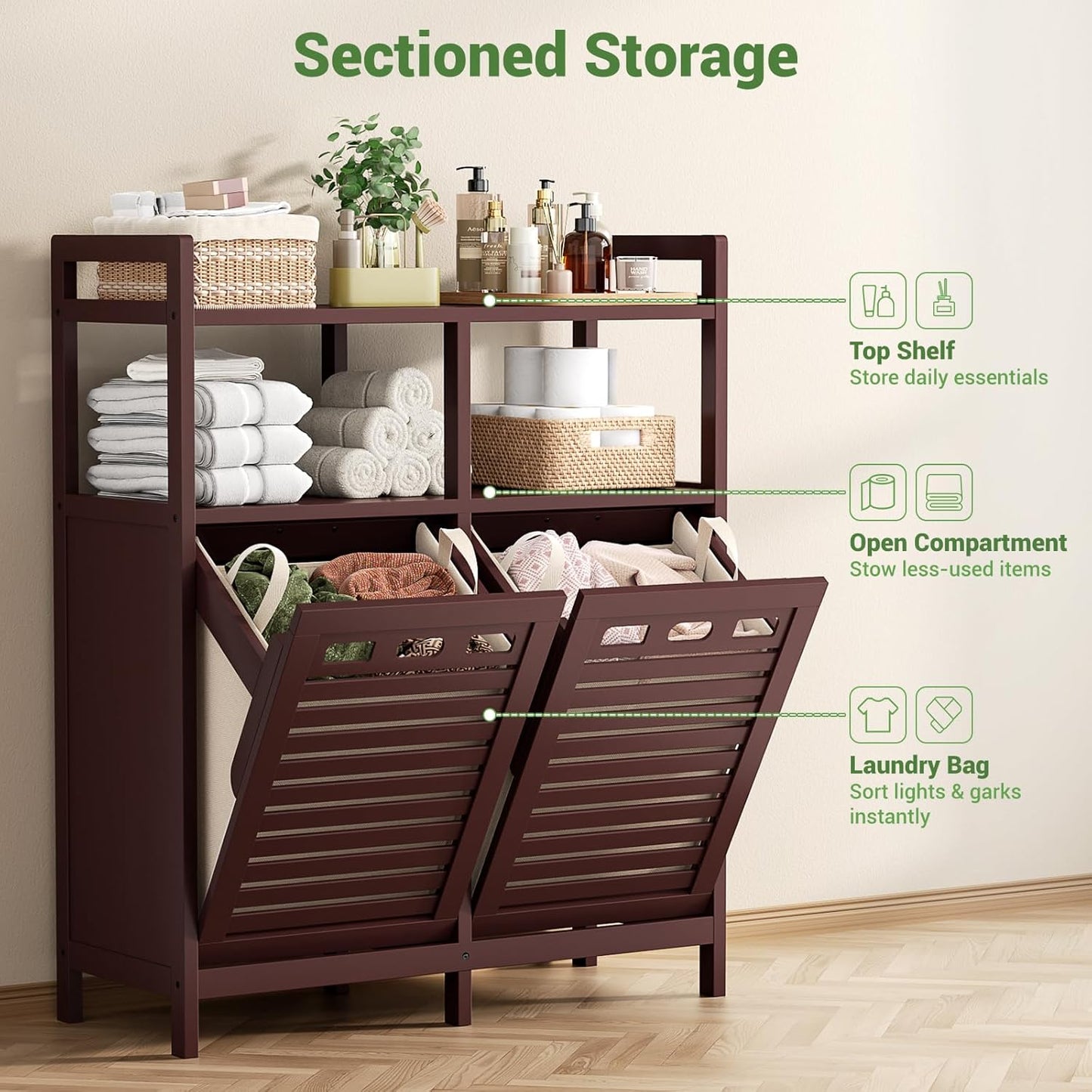Homykic Tilt Out Laundry Hamper Cabinet, Bamboo Double Laundry Hamper with 2 Removable Laundry Baskets, 20 Gal Laundry Sorter Organizer with Shelf for Dirty Clothes, Bathroom, Laundry Room, Espresso