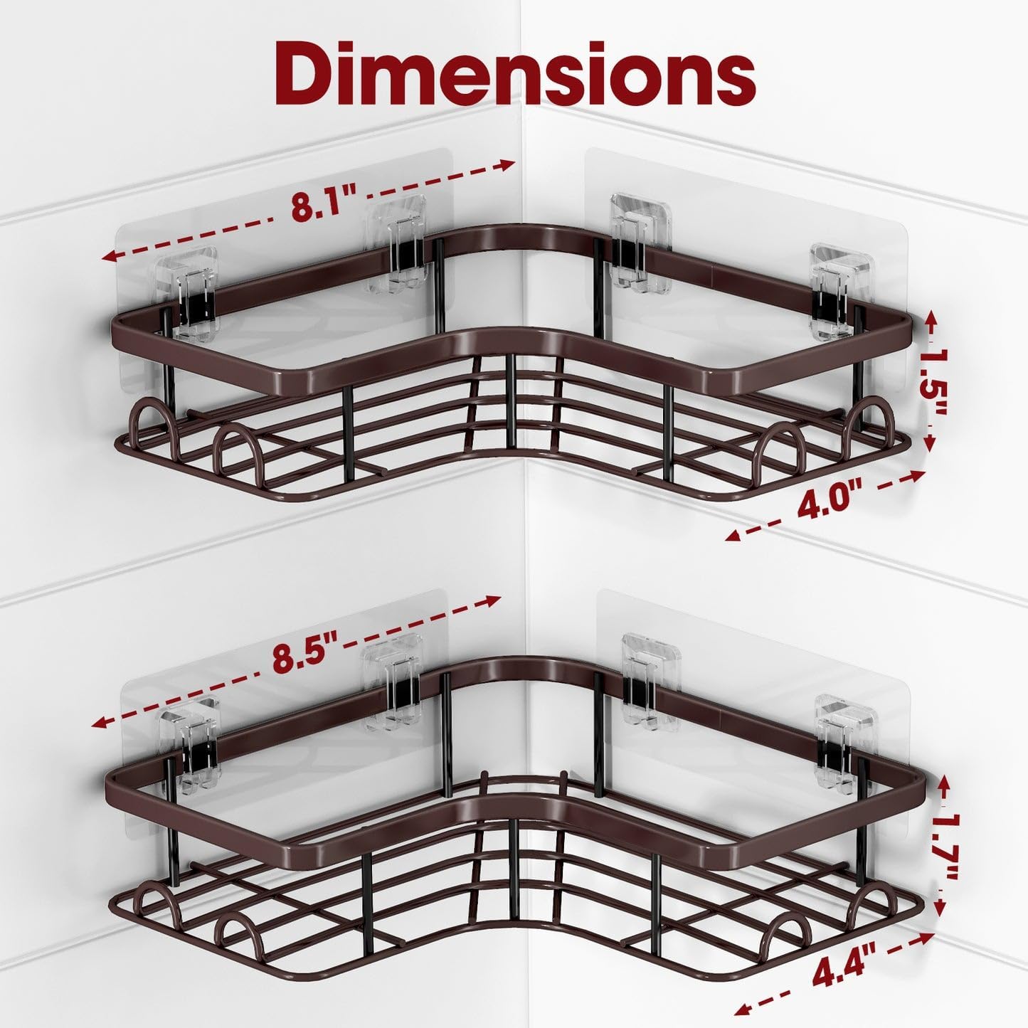Corner Shower Caddy - 2 Pack, Adhesive Shower Organizers, Rustproof Stainless Steel Shower Shelves with 8 Hooks, No Drilling Bathroom Organizers and Storage Racks, Space-Saving, Brown, Medium