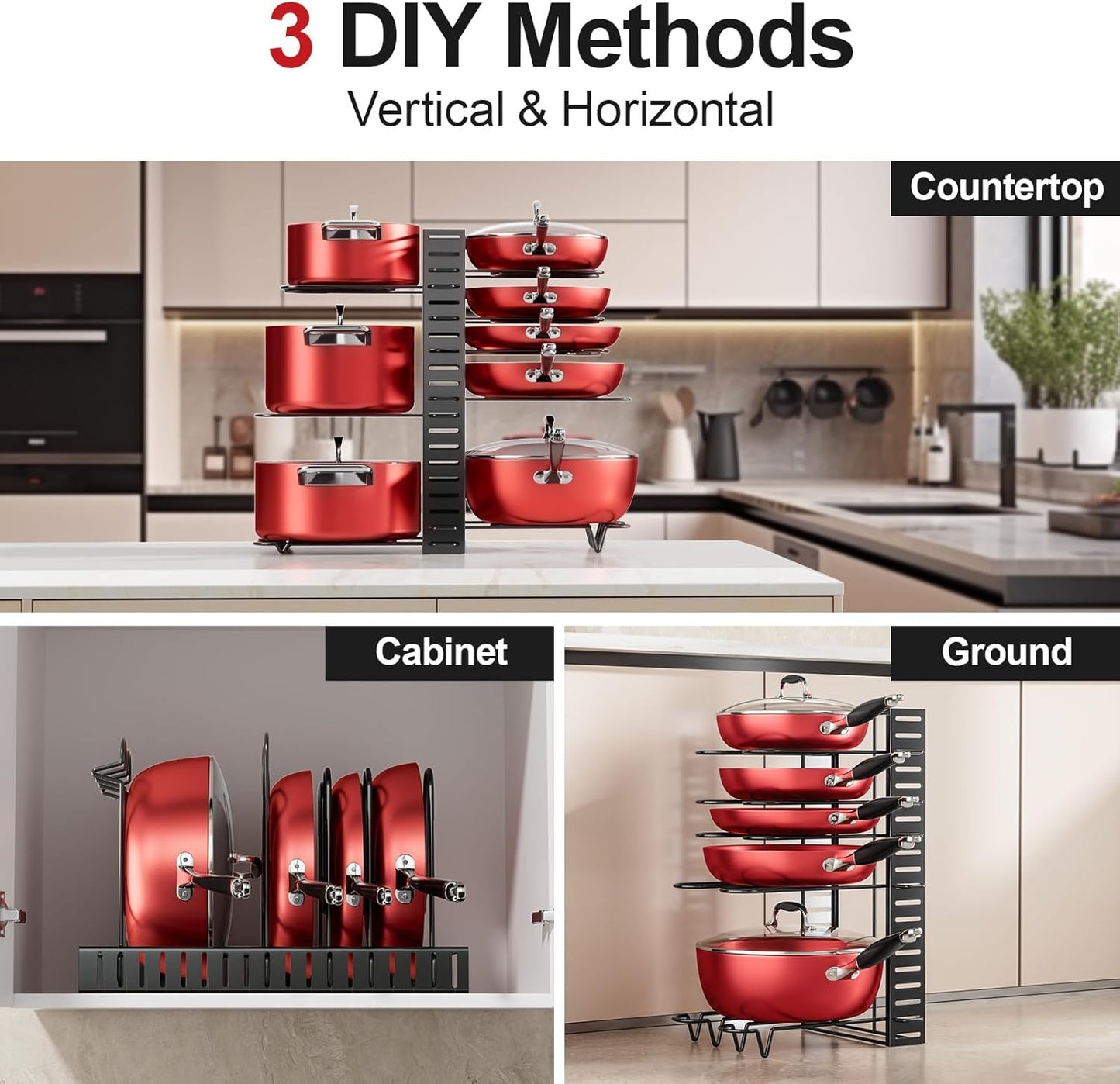 MUDEELA 8-Tier Pots and Pans Organizer under Cabinet, 16.61" Height Light Duty Pot and Pan Organizer Kitchen Cabinet Organization and Storage, Adjustable Pot Rack with 3 DIY Methods for Lids, Bakeware