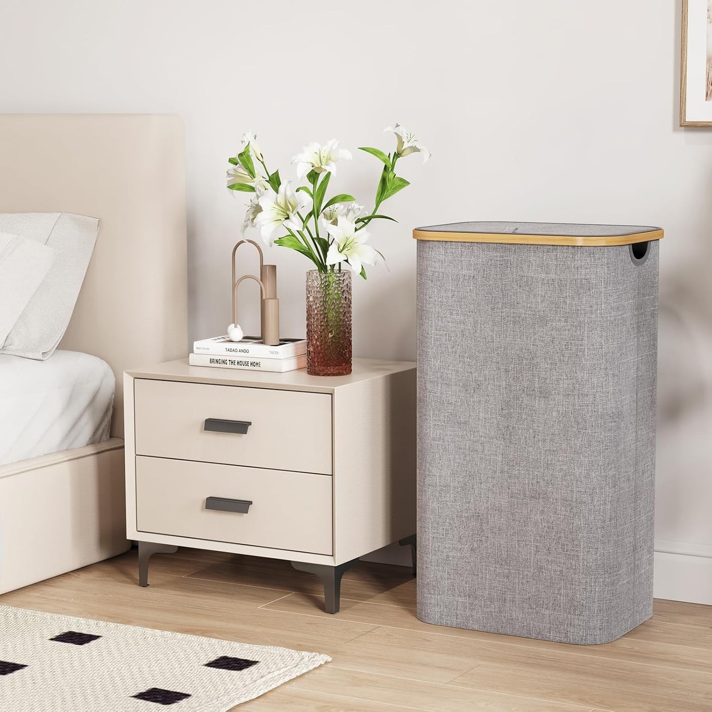 Lifewit 100L Laundry Basket with Lid, Clothes Hampers for Laundry with Bamboo Handles and A Removable Laundry Bag, Large Foldable Hamper for Bedroom, Bathroom, Dorm, Laundry Room, Light Gray