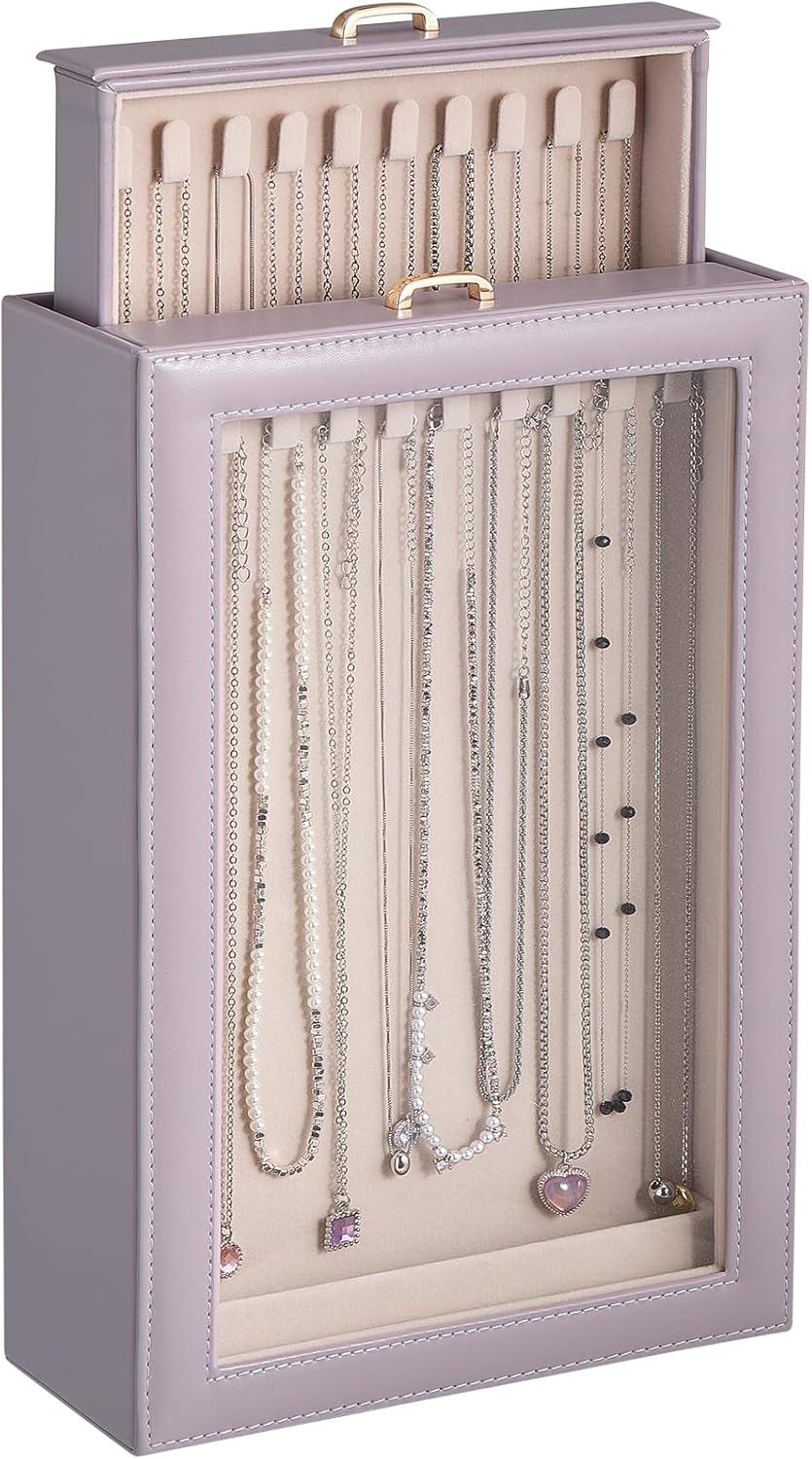 Lolalet Necklace Organizer Box, 2-Layer Jewelry Storage Boxes with Clear Lid for Necklaces, Tangle-Free Necklace Display Case for Women Girls -Dusty Purple