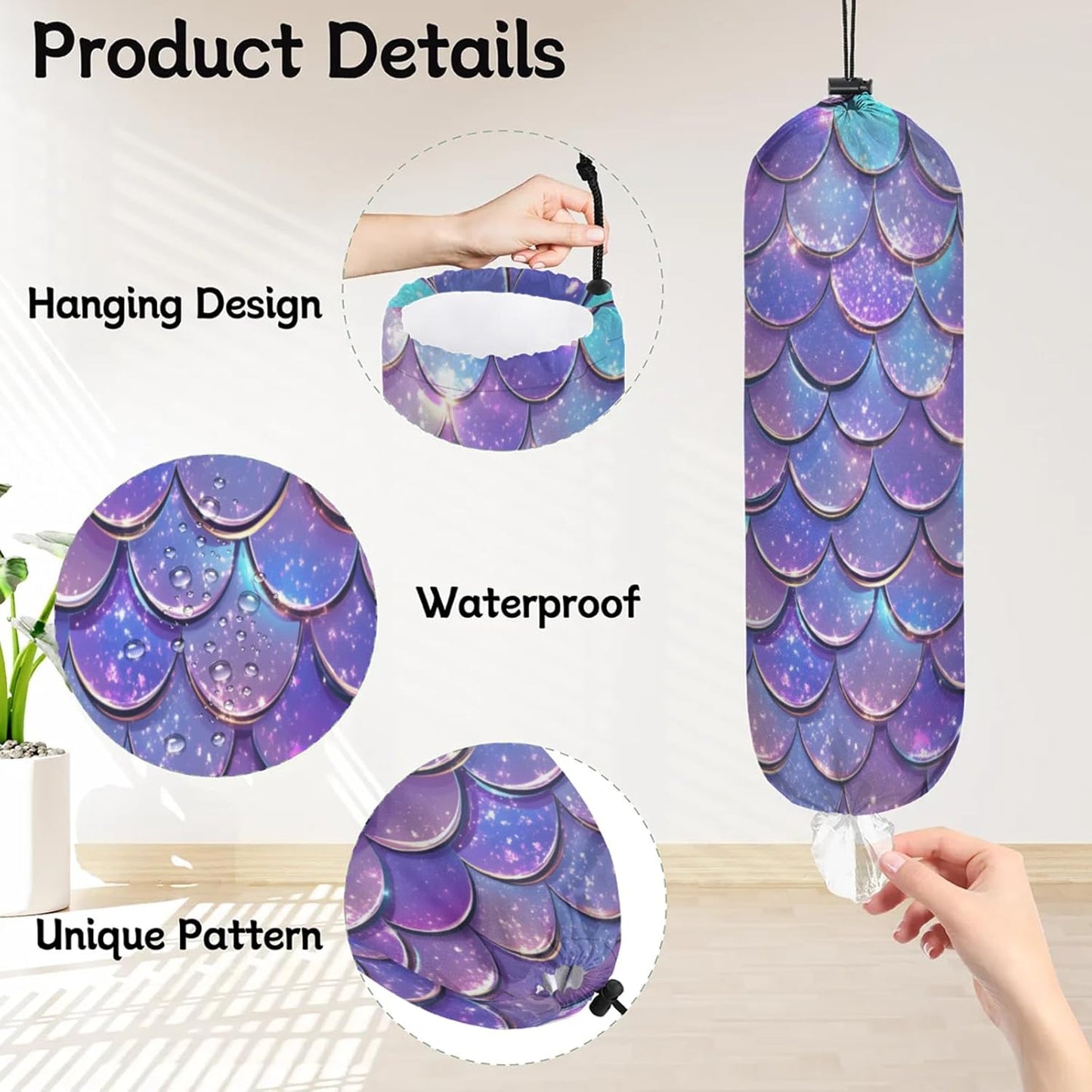 Purple Mermaid Scales Plastic Bag Holder 2 Pcs Grocery Bag Organizer Reusable Trash Bags Organizer Wall Mount Washable Kitchen Dispenser Holders with Drawstring Closure