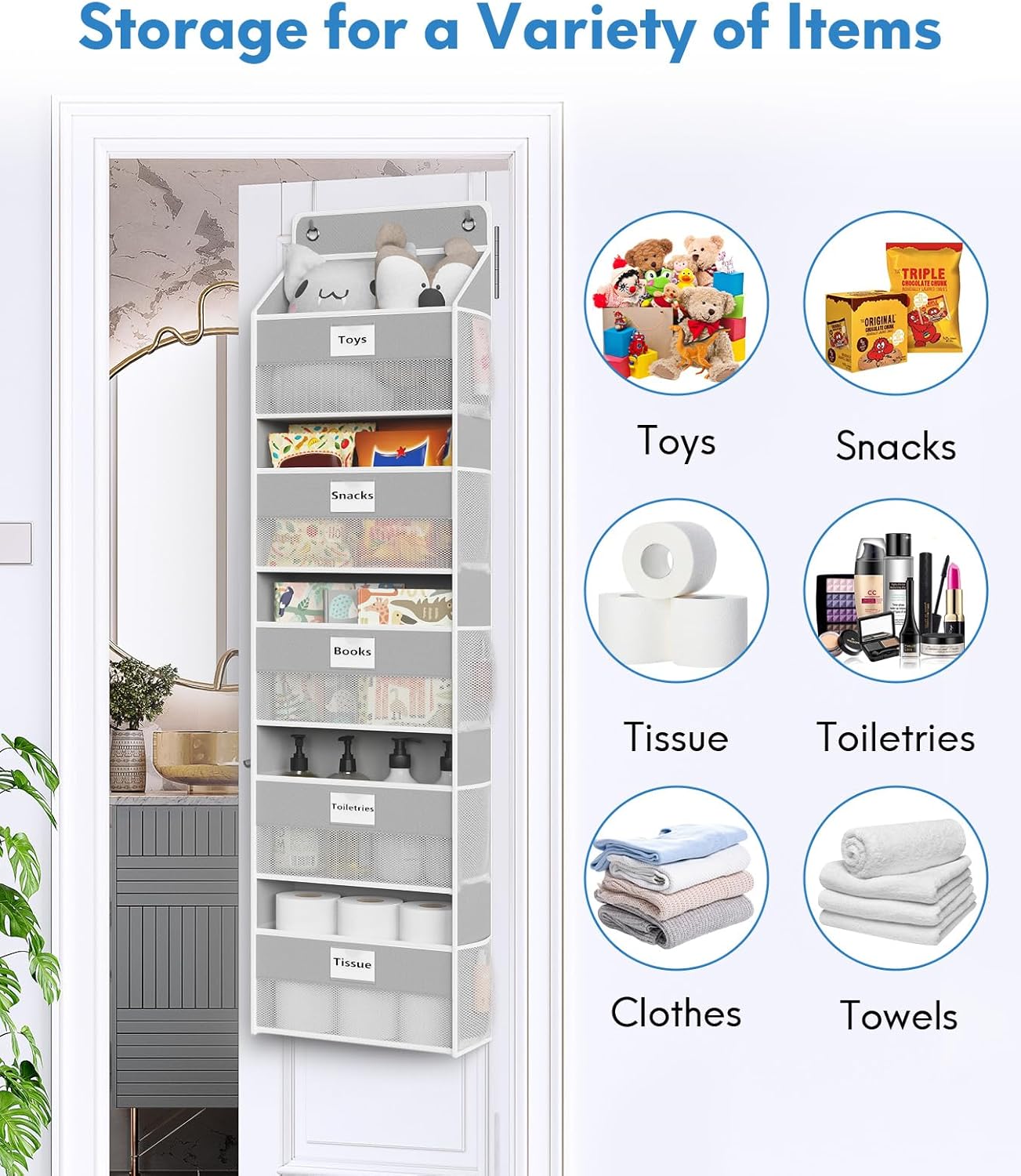 Over The Door Organizer Hanging, 5 Shelf Behind The Doors Storage, Pantry Door Organizer, Closet Organizers for Bedroom and Nursery (Grey)