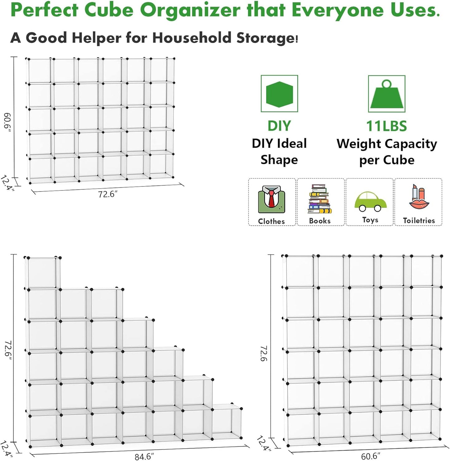 C&AHOME Cube Storage Organizer, 30-Cube Shelves Units, Closet Cabinet, DIY Plastic Modular Book Shelf, Ideal for Bedroom, Living Room, Office, 60.6" L x 12.4" W x 72.6" H Transparent White UPCS30W
