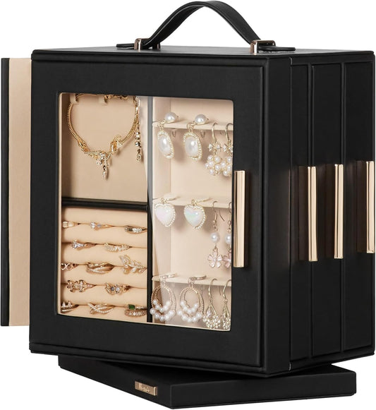 Homde Christmas Gifts Jewelry Box 360° Rotating, Necklace Earring Organizer with Transparent Window, Mirror, 7 Drawers, Large Ring Display Storage Case for Girls Women (Black)