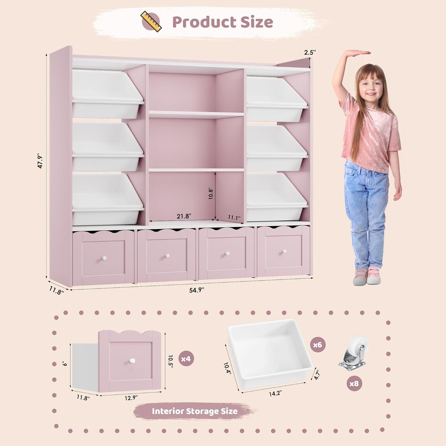 HITHOS 55" W Kids Toy Storage Organizer, Large Toy Box with Bookshelf, Toy Chest with 3 Cubes Storage Organizer, 6 Toy Organizers and Storage Bins, 4 Rolling Drawers for Kids Room, Playroom, Pink
