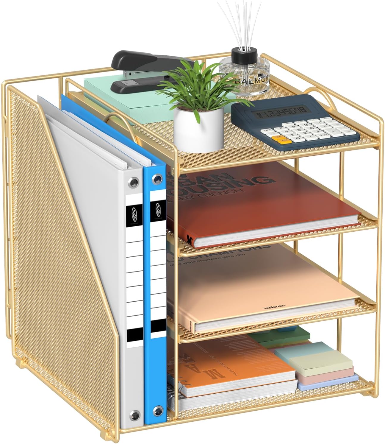 Gold Desk Organizer, 4-Tier Metal Paper Organizer for Desk with Vertical File Holder, Office Accessories and Desktop Storage for Office Supplies (Gold)