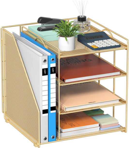 Gold Desk Organizer, 4-Tier Metal Paper Organizer for Desk with Vertical File Holder, Office Accessories and Desktop Storage for Office Supplies (Gold)