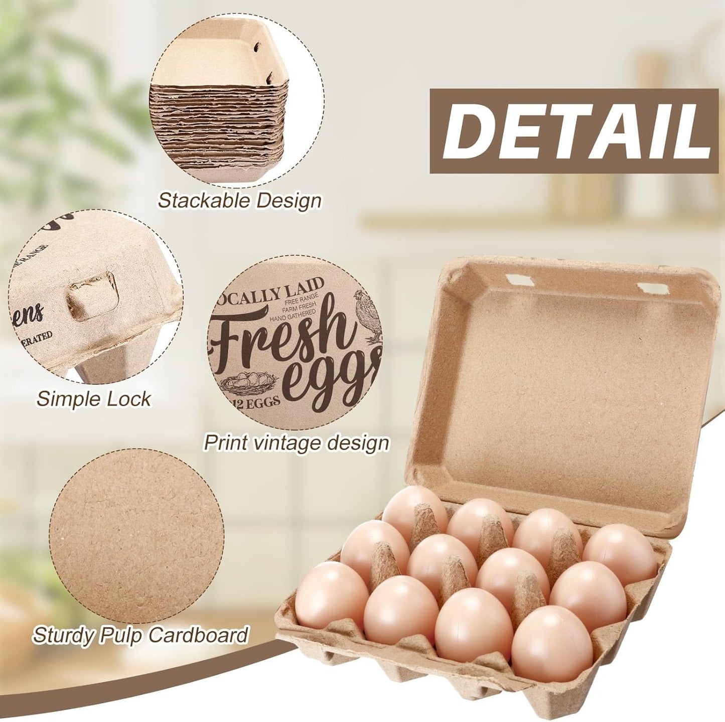 Zhanmai 50 Pcs Natural Paper Pulp Egg Cartons Blank Bulk 12 Count Dozen Vintage Classical 3 x 4 Style Square Chicken Cardboard Egg Tray Holder for Family Farm Market Storing(Stylish)