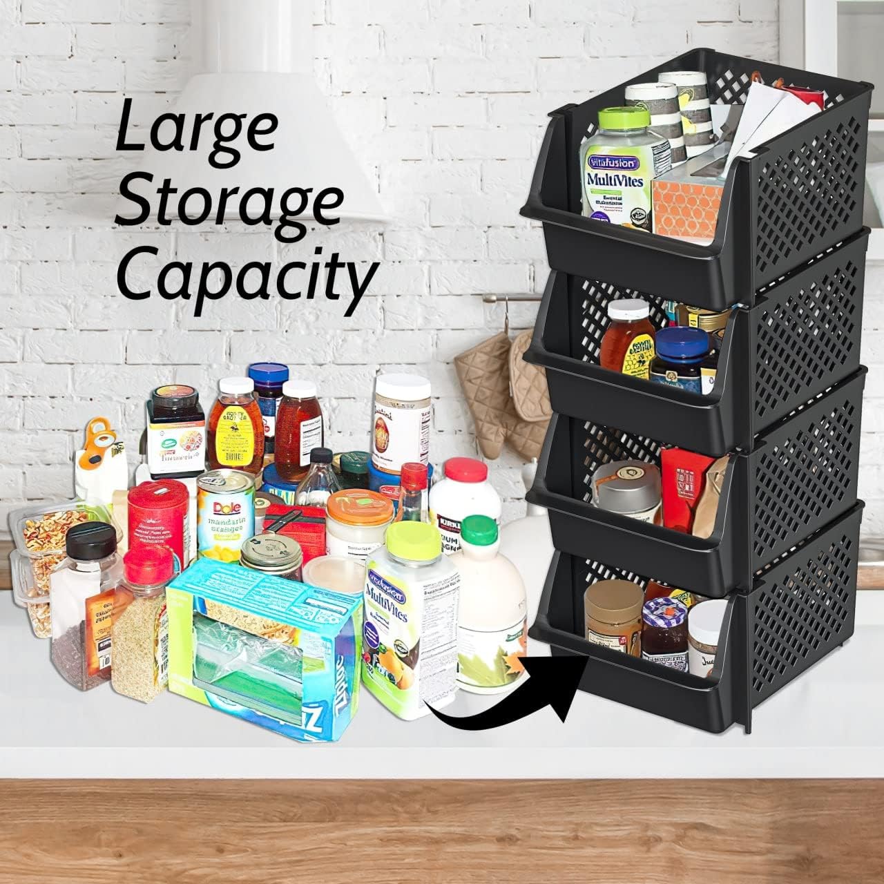 TidyFriend Stackable Storage Bins for Pantry Organizers and Storage 4 Pack, Pantry Storage for Food, Kitchen and Home Organization (Black)