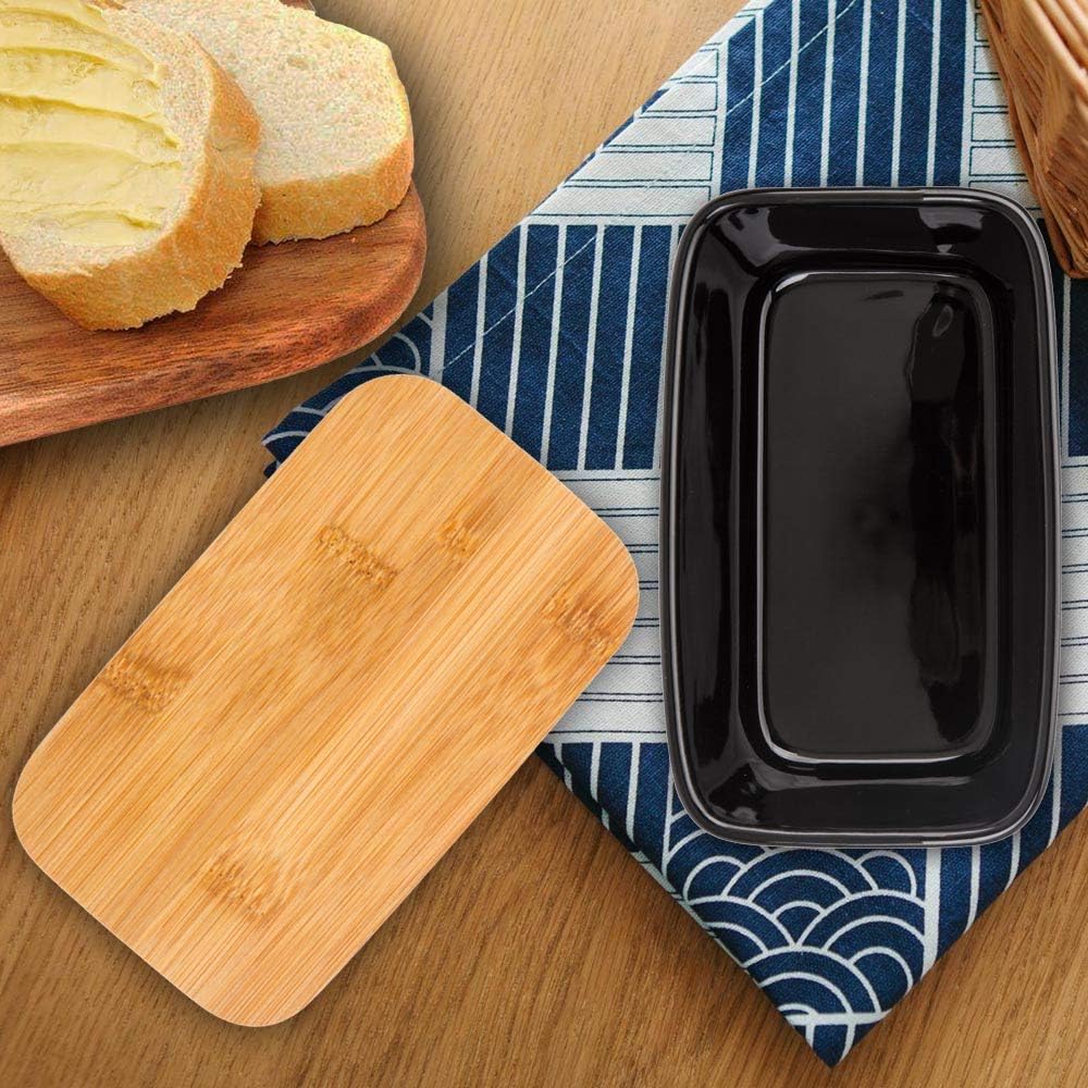Butter Dish with Lid,Extra Large 650ml,Porcelain Keeper with Bamboo Lid Cover for 2 Sticks of Butter,Microwave Safe Easy Clean Butter Storage Container for Countertop Refrigerator (Black)