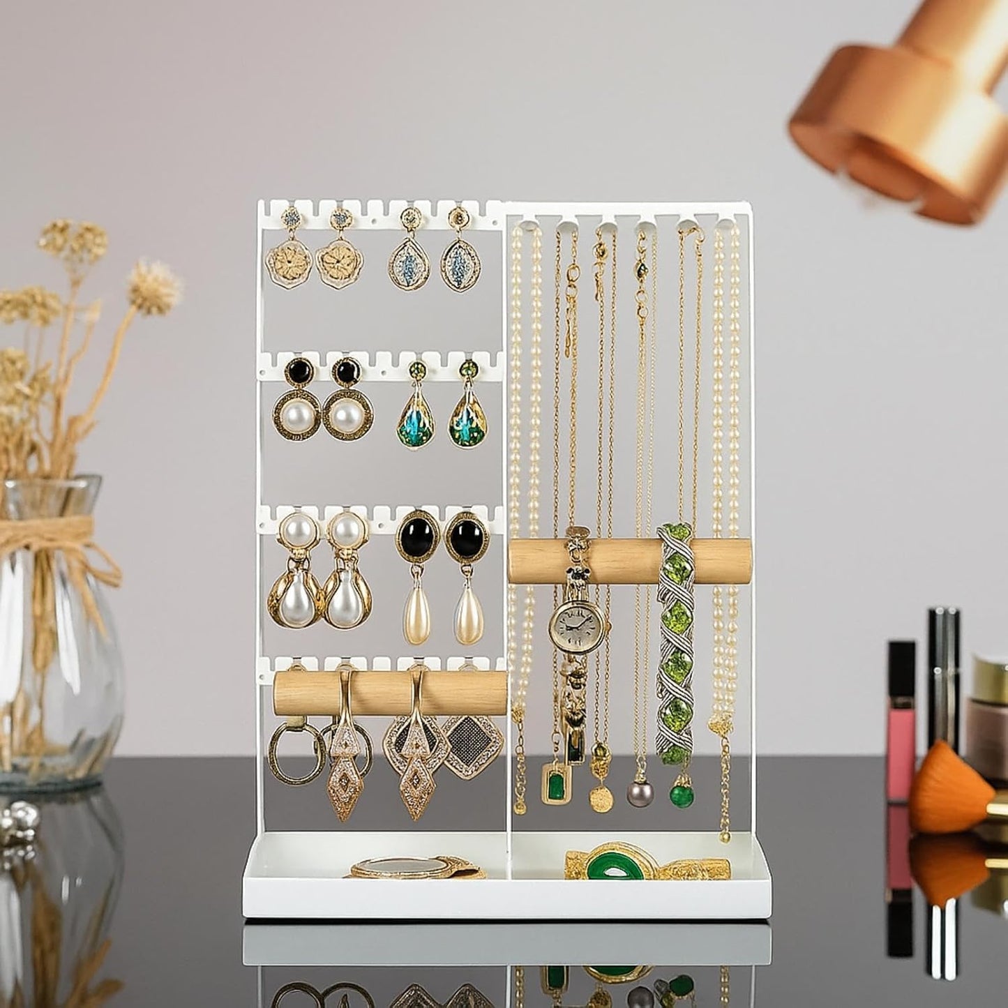 Elegant Jewelry Display Stand with Tray, Multi-Tier Organizer for Necklaces & Earrings, Sturdy Metal Frame for Vanity Tabletop Decor