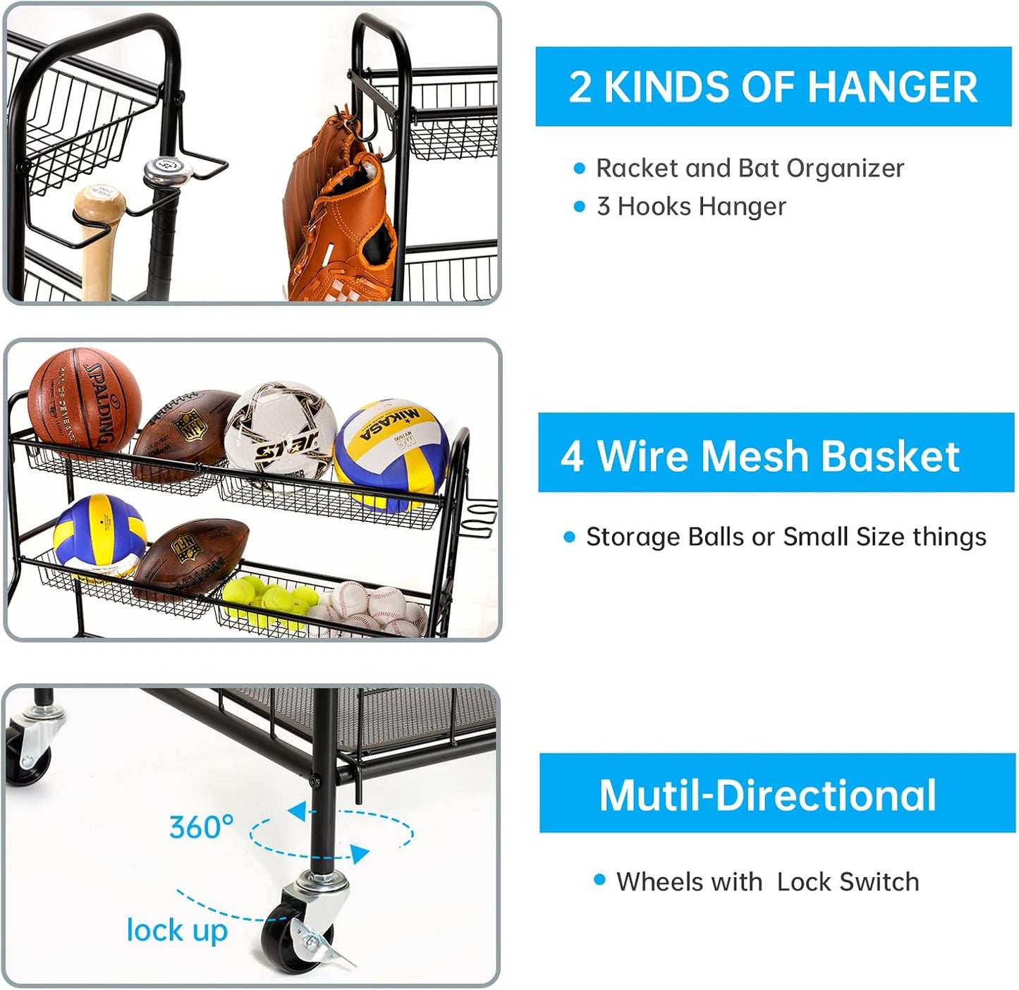 Kinghouse Garage Sports Equipment Organizer, Ball Storage Rack, Toy Storage, Nerf Gun Organization on Wheels for School, Garage, Black, Steel (Black)