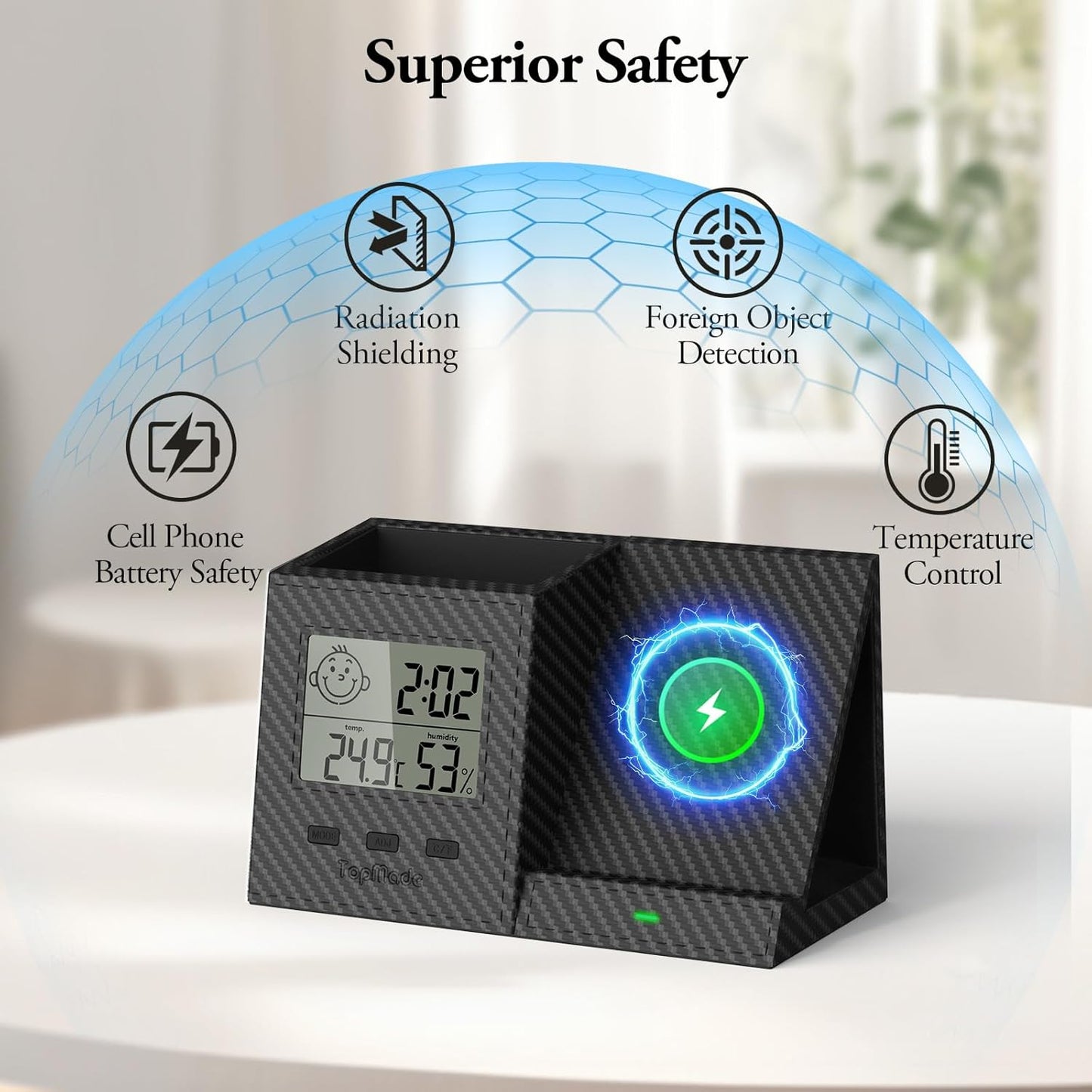 TopMade Wireless Charger with Pen Remote Holder, Multi-Functional Leather Nightstand Organizer Fast Charging Station, Digital Thermometer and Humidity Gauge, Desktop Storage (Black Carbon Fiber