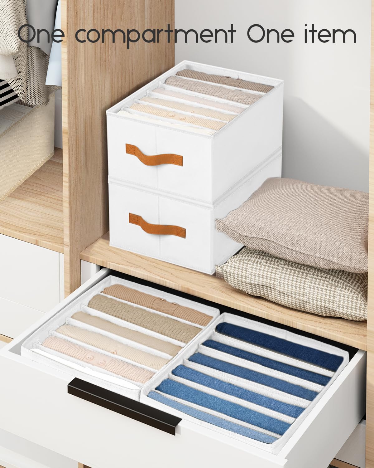 Closet Organizers and Storage - Fabric Clothes Organizer with Handles, Foldable Jeans Organizer for Clothes, Drawer Organizer for Shirts, Bra, Sweater, Scarf, 4 Pack, White
