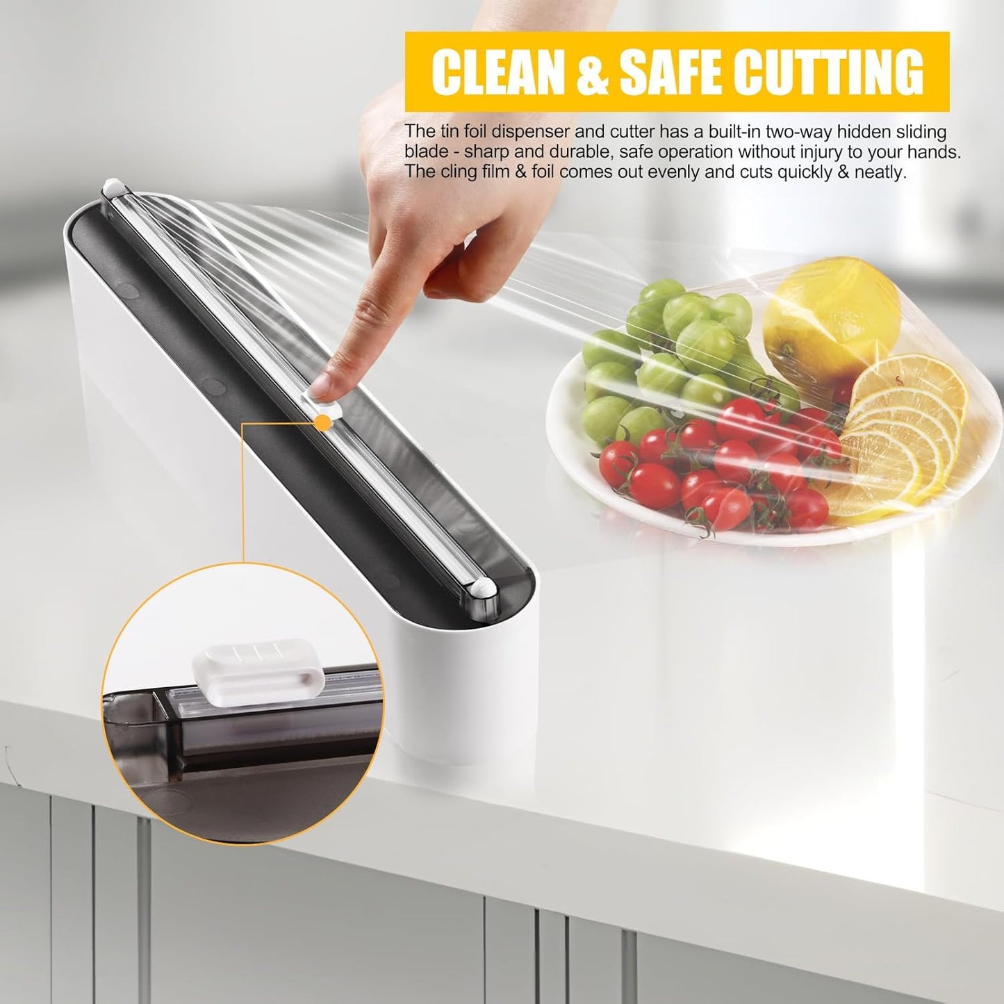 Aluminum Foil & Plastic Wrap Dispenser with Slide Cutter - Magnetic & No-Drill Wall Mount, Cling Film Dispenser for Worktops & Cabinets, Space-Saving Kitchen Organizer - Fits 12" Rolls, Black
