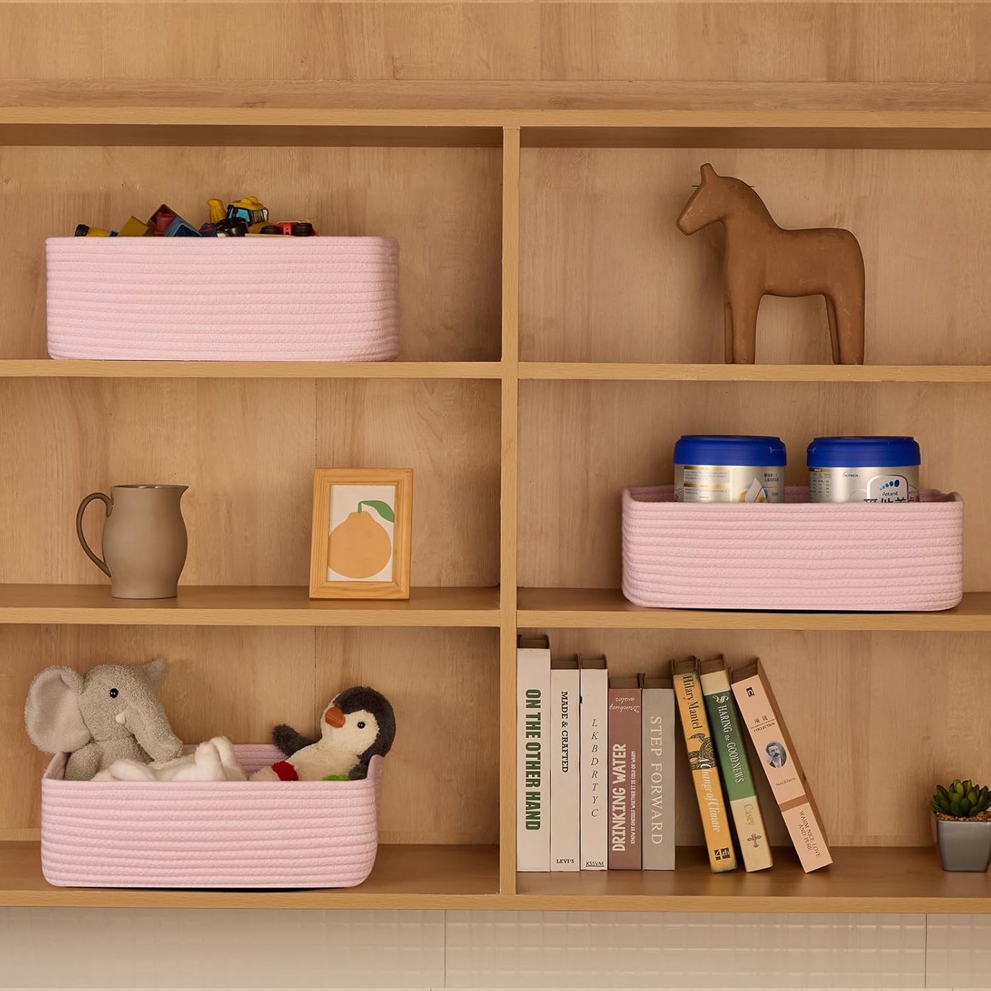 Large Shallow Organizing Baskets 15x11x5.1 Inches - Rope Woven Storage Bins for Bathroom, Shelves, Cube Closet, Light Pink 4 Packs