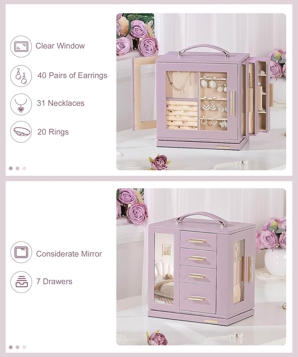 Homde Christmas Gifts Jewelry Box 360° Rotating, Necklace Earring Organizer with Transparent Window, Mirror, 7 Drawers, Large Ring Display Storage Case for Girls Women (Grey Purple)