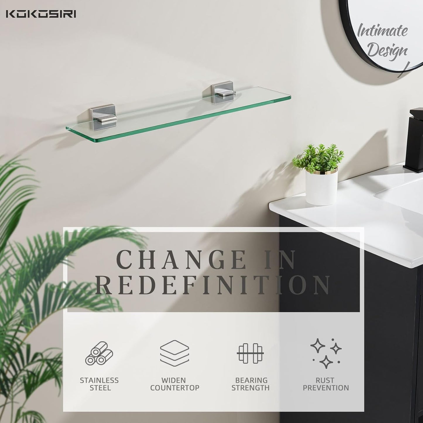 KOKOSIRI Wall Shelves Floating Bathroom Glass Shelf for Kitchen Storage, 20'' x 5.6'' Tempered Glass Wall Mounted Brushed Stainless Steel, 2 Pack B1106BR-L20-P2