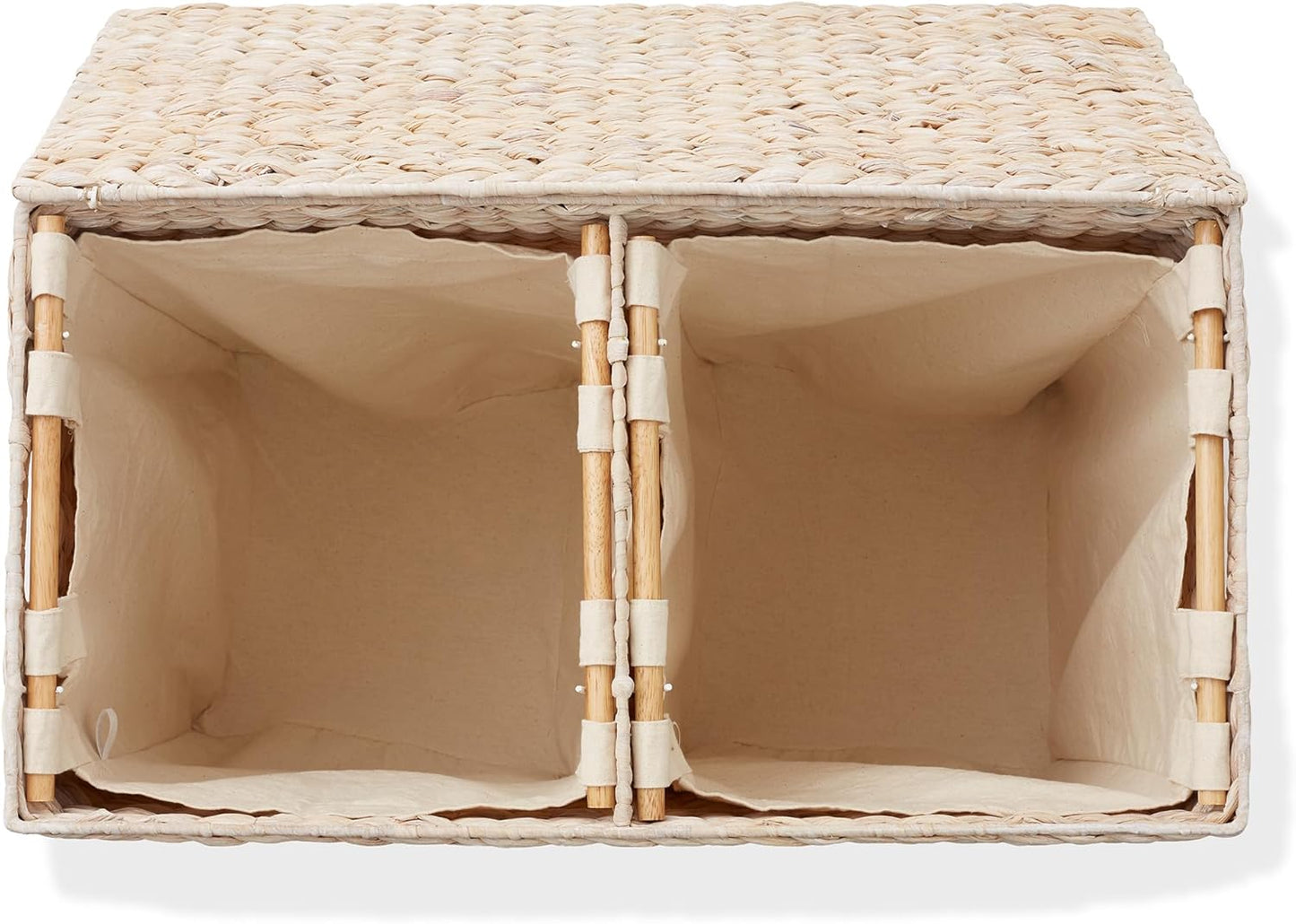 Casafield 2-Section Laundry Hamper with Removable Liner Bags - Whitewash, Woven Water Hyacinth Double Laundry Basket Sorter for Clothes and Towels