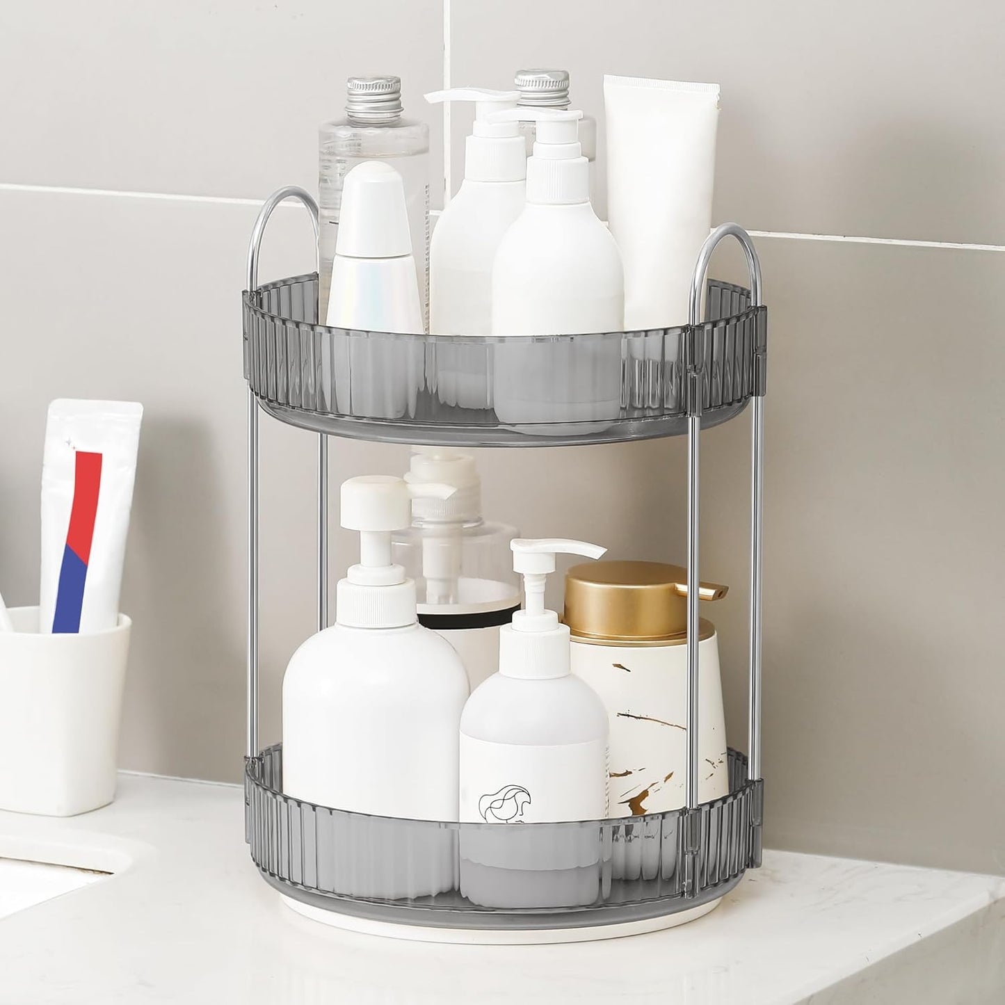 YCIA&DONE 360 Rotating Makeup Organizer and Storage for Vanity Countertop 2 Tiers, High Capacity Cosmetic Skincare Perfume Organizers for Dresser Bathroom Lazy Susan (Smoky Gray)