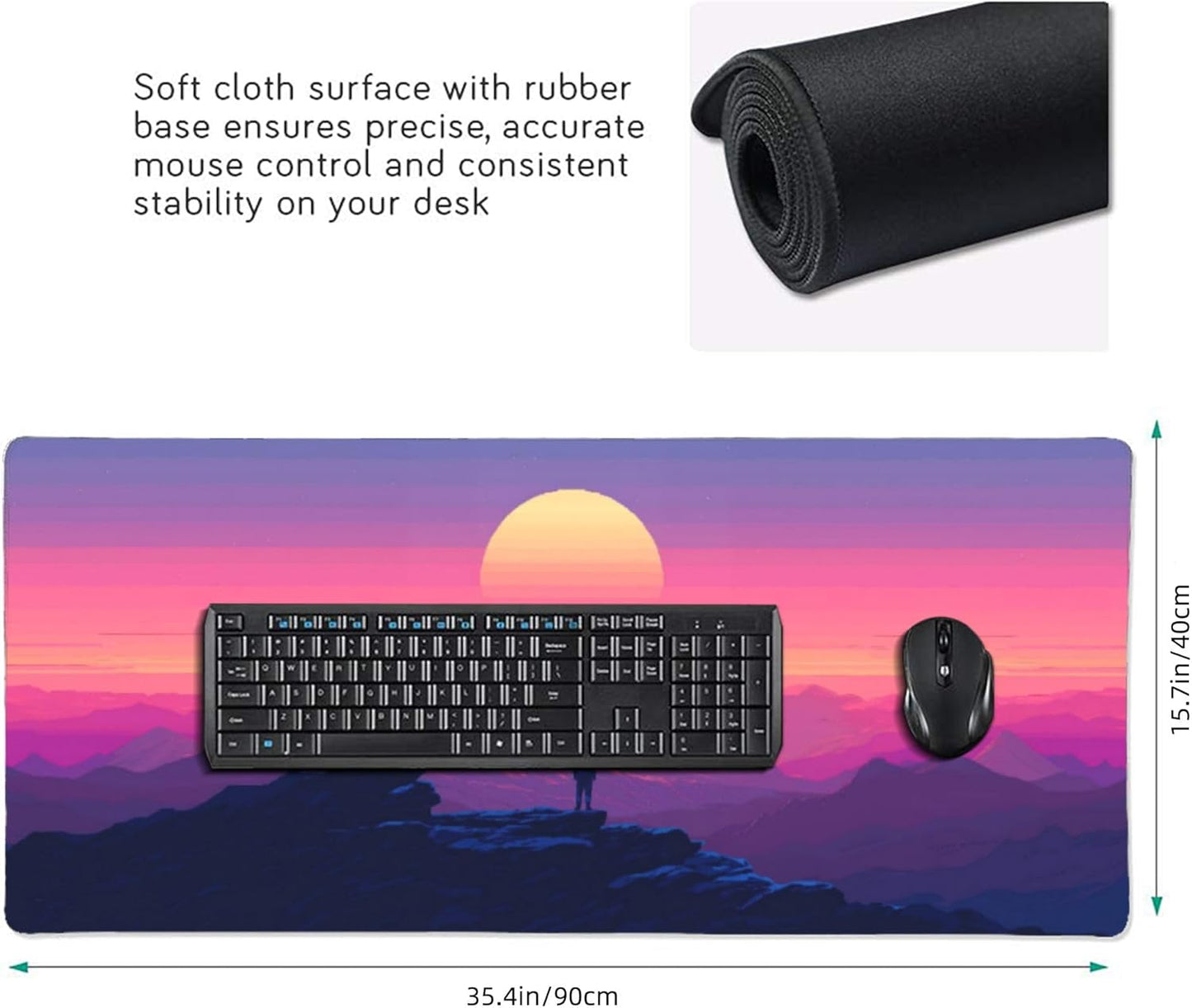 Sunset Mountains Large Mouse Pad, Anime Style Gaming Desk Mat, XXL Keyboard Desk Pad Mat for Desktop, 35.4"x15.7" Non-Slip Base Big Mousepad with Stitched Edges