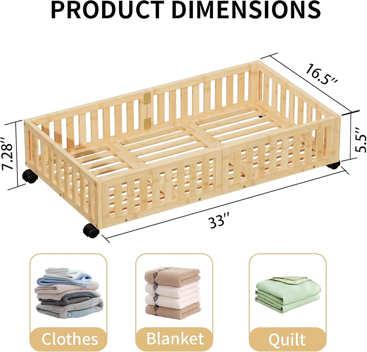 Bamboo Under Bed Storage with Wheels,Rolling Underbed Shoe Organizer Box for Shoes,Blankets,Toys,Clothes Container Space-Saving Bins for Bedroom,Closet,Dorm,Nursery