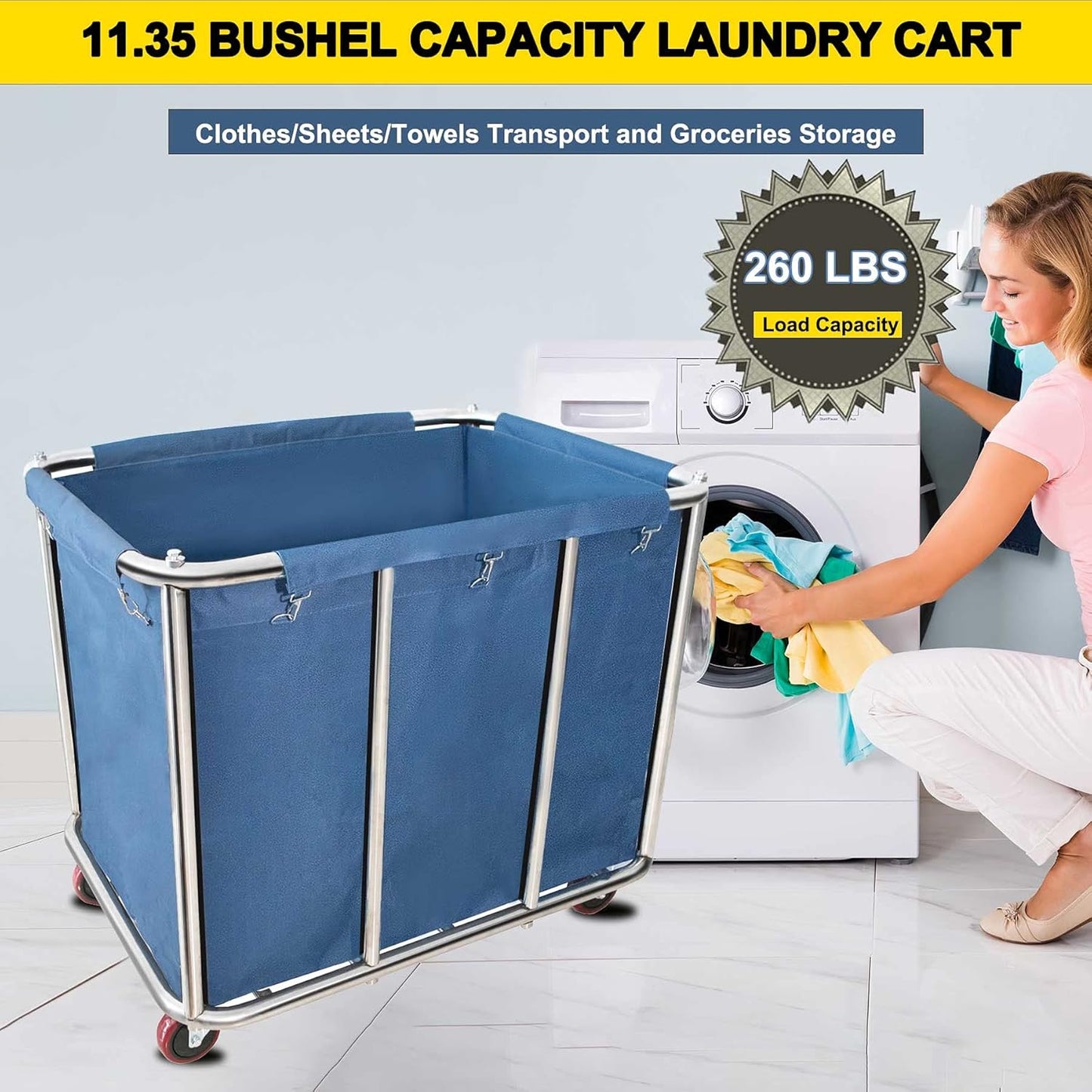 11.35 Bushel Industrial Rolling Laundry Cart,Laundry Basket Bulk Truck Commercial Household,Large Heavy Duty Laundry hampers with Wheels,35.4''Lx25.6''WX31.5''H,400L