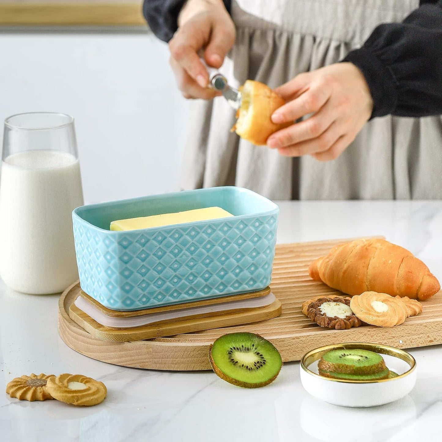 Hasense Farmhouse Butter Dish with Lid for Countertop, Butter Keeper & Holder, Butter Container for Fridge with Wooden Freshness Seal, Enhance Kitchen Decor, Holds Two Sticks of Butter, Turquoise