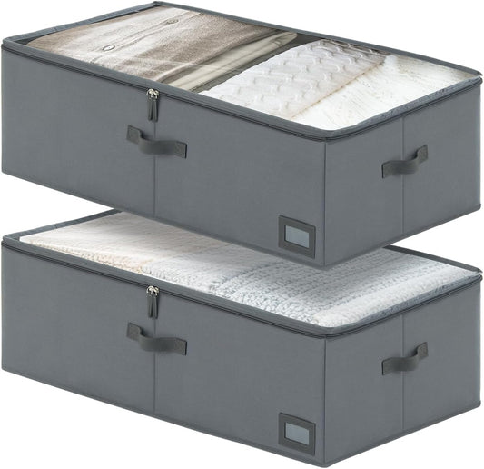 10-Inch Under Bed Storage Containers (2-Pack) | Sturdy Sidewalls | Clear Cover & Label Holder | Foldable Fabric Closet Bin Organizer | Stores Clothing/Blankets/Sweaters/Sheets