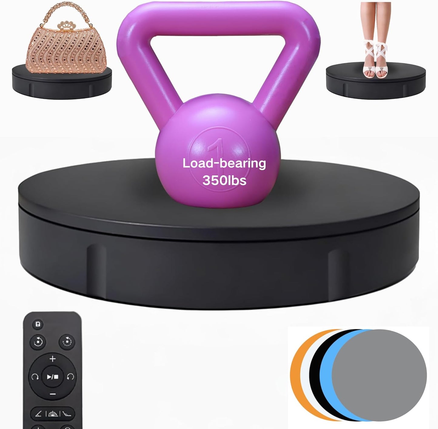 JAYEGT Motorized Rotating Display Stand, 350Lbs Load，360 Degree Electric Rotating Turntable for Photography Products Display，Live Show,Remote Control +5 Colors Backgrounds (Black/11.8inch /Wired)