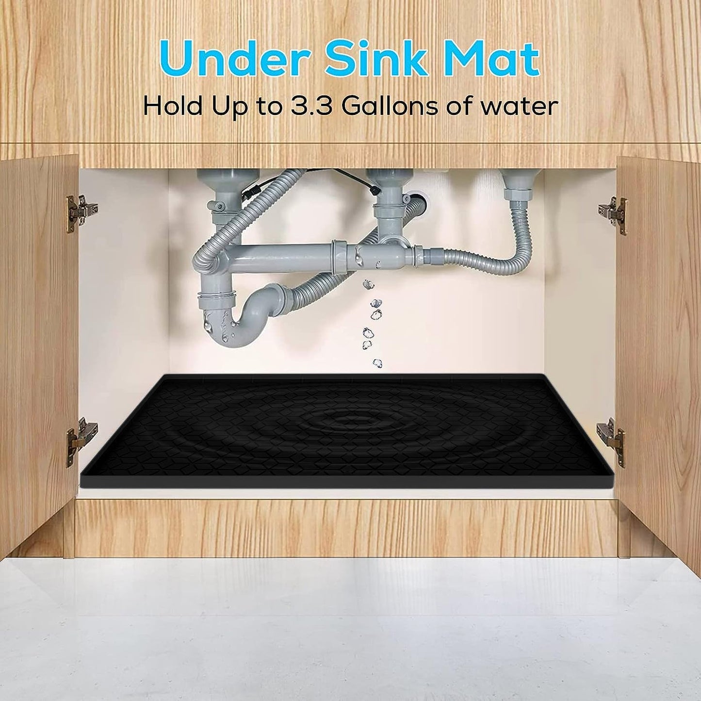Under Sink Mat for Kitchen, Silicone Waterproof Liner, Flexible Organizer Tray with Drain Hole, 3.3 Gallons Capacity, Easy to Clean (Black, 34x22)