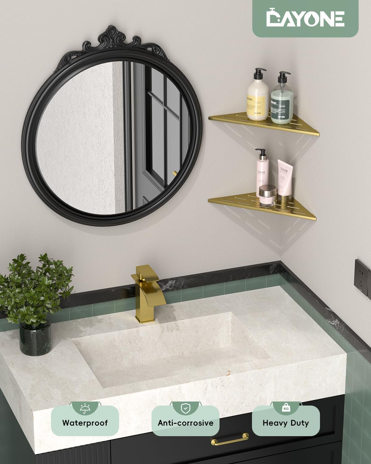 DAYONE Corner Shower Shelf Gold 2 Pack 10", Bathroom Corner Shower Organizer Shelf for Tiled Wall, SUS304 Stainless Steel Recessed Organizer Shelves