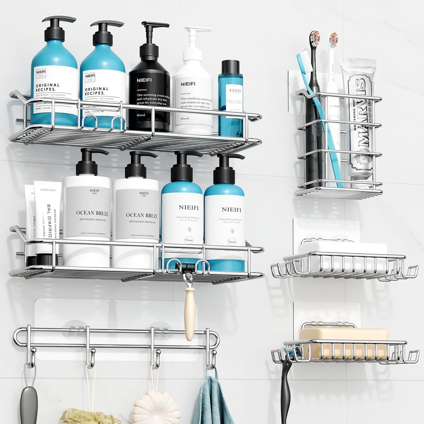 Nieifi Shower Caddy Shelf with Hooks Storage Rack Organizer Adhesive Stainless Steel without Drilling for Bathroom, Lavatory, Washroom, Restroom, Shower, Toilet, Kitchen (Sliver, 6 Pack)