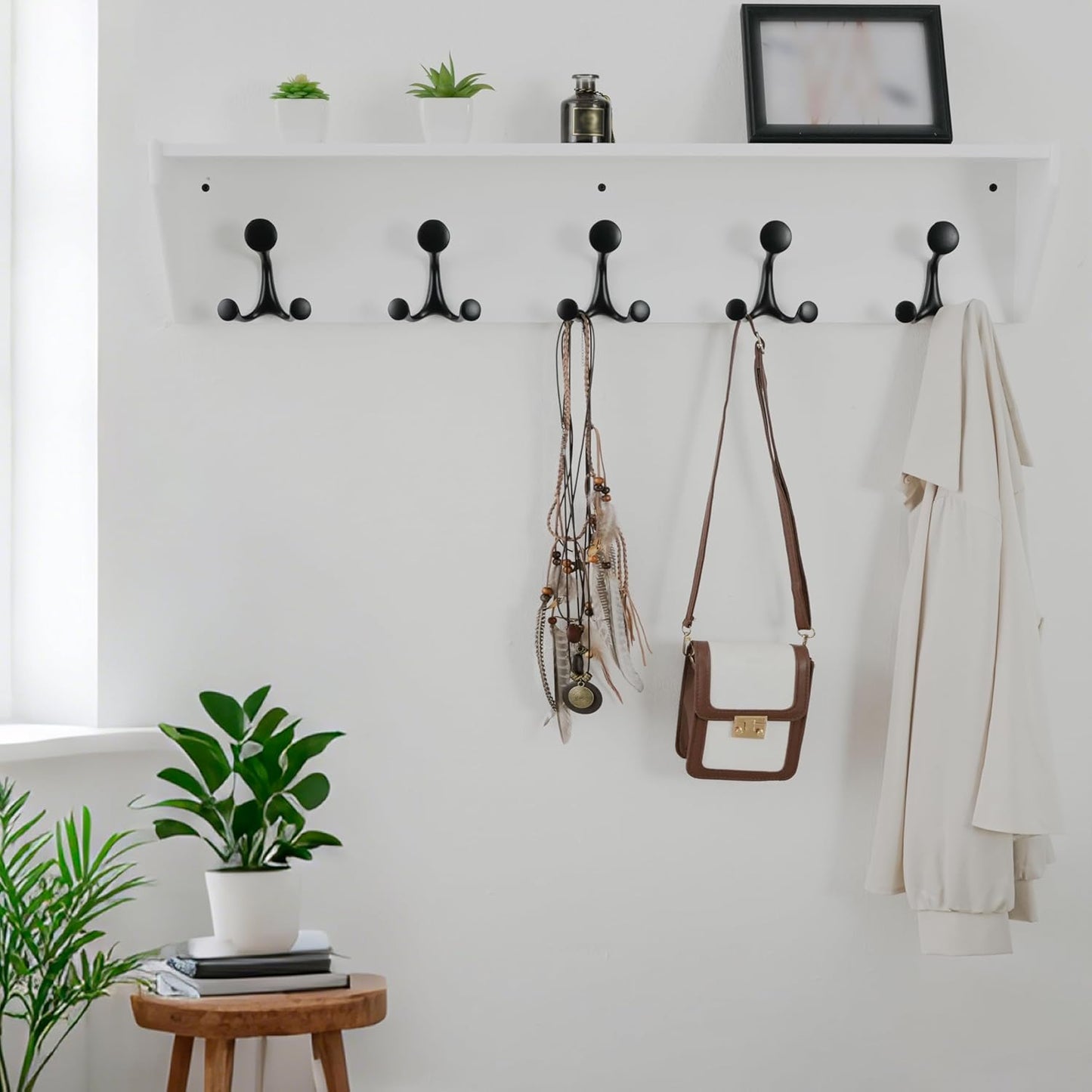 WEBI Wall Shelf with Hooks Underneath,35” Long Wall Mounted Coat Rack with Shelf,Entryway Coat Rack with 5 Triple Hooks for Hanging Coats,Jacket,Hallway,Bedroom,Mudroom,White