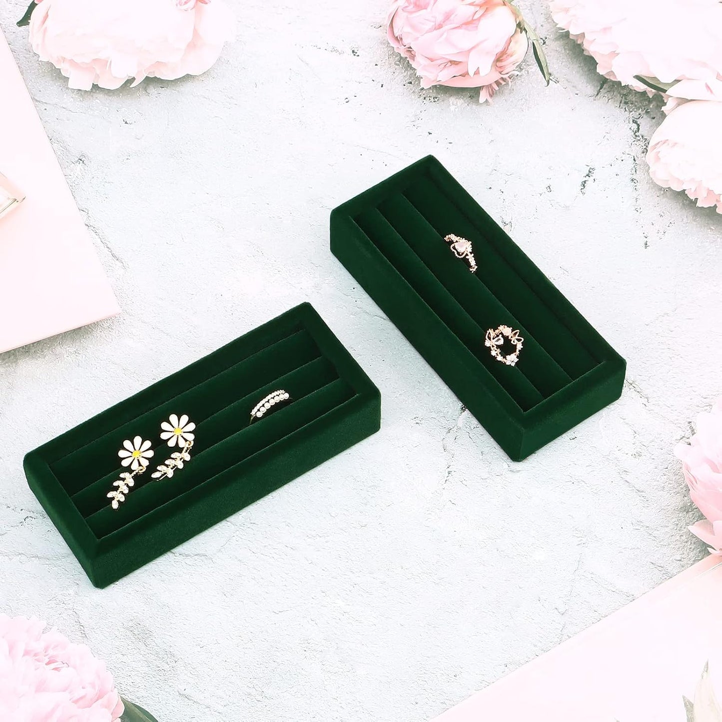Small Jewelry Tray-Ring Organizer 2PCS Premium Velvet Rings Earrings Display Tray Storage Insert Holder for Jewelry Box, Drawer, Dresser (3 Slots, Green)
