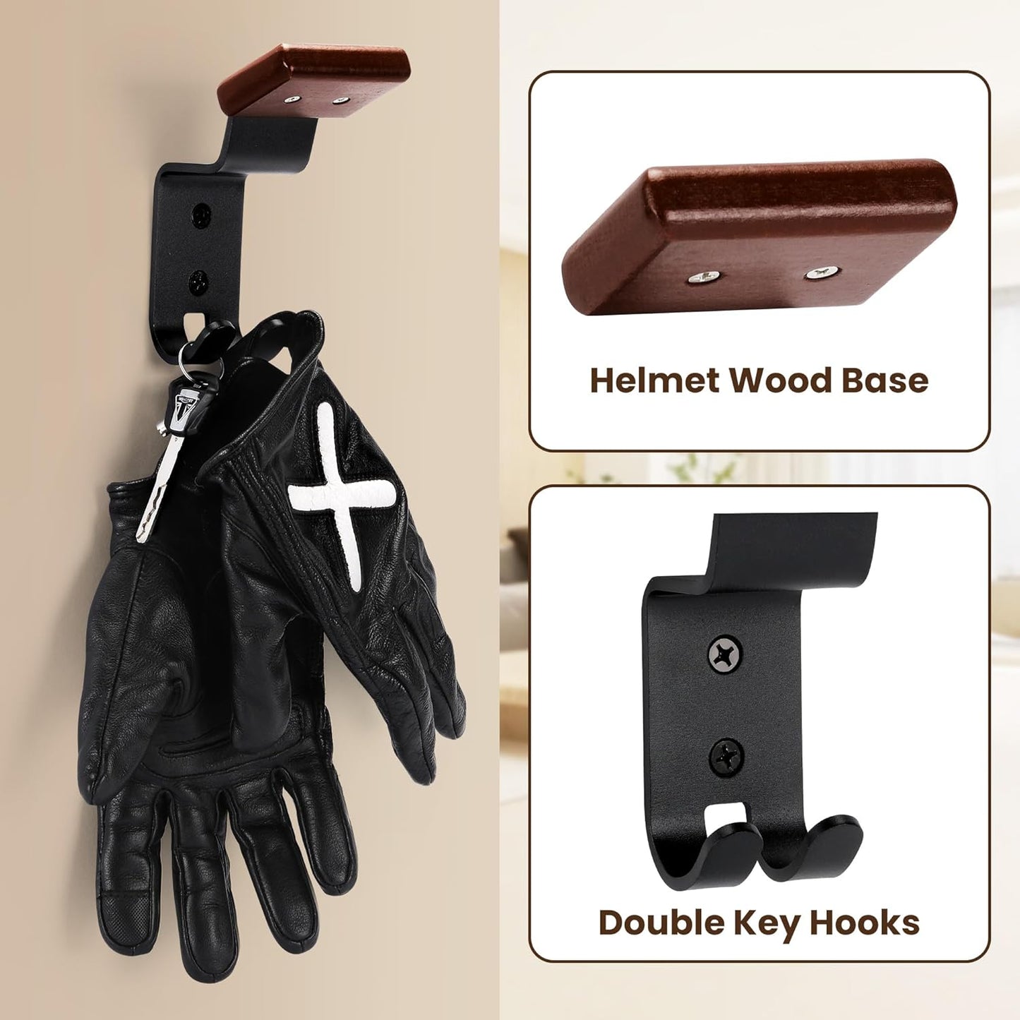 Motorcycle Helmet Holder Wall Mount - Solid Wood & Steel Gear Organizer Rack with 2 Hooks, Heavy Duty Display Hanger for Helmets, Football Gear, Ski Equipment, Hats, Jackets - 2 Pcs